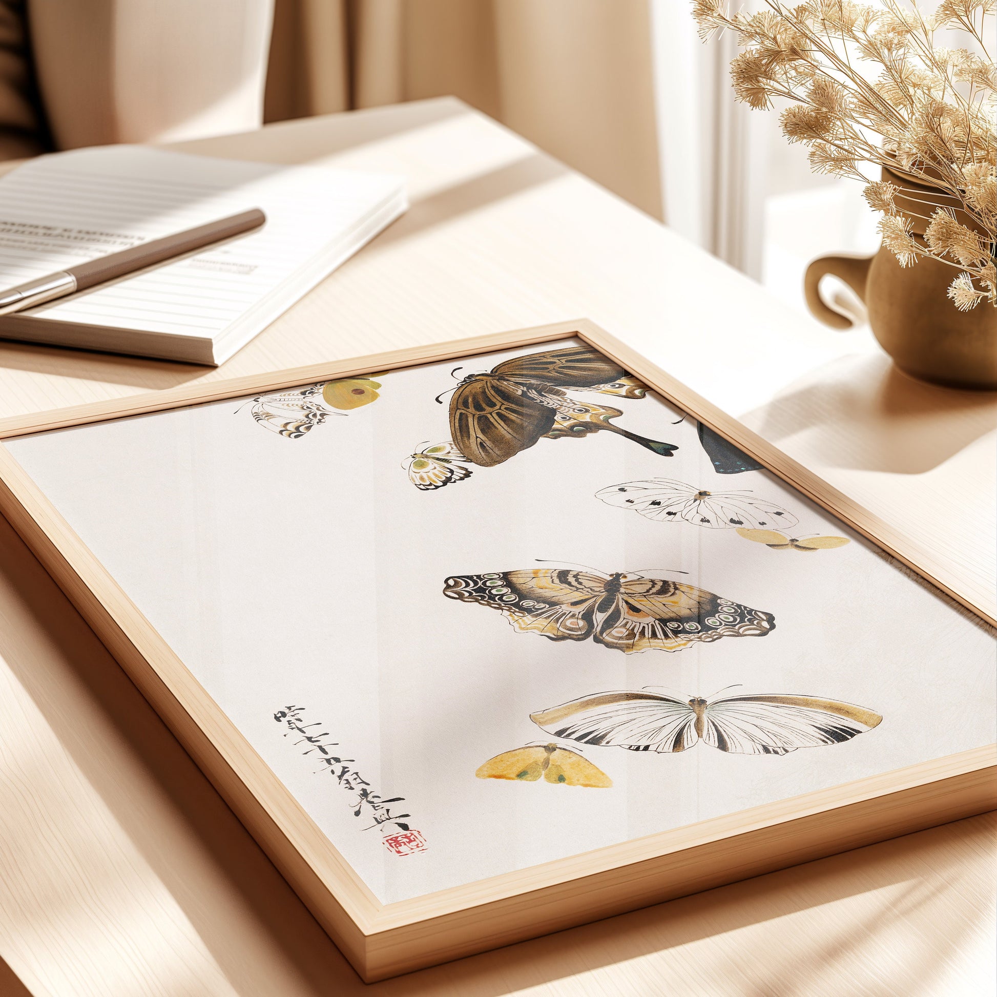 Vintage Japanese woodblock art by Shibata Zeshin featuring butterflies in a handcrafted oak frame, ready to hang or unframed.