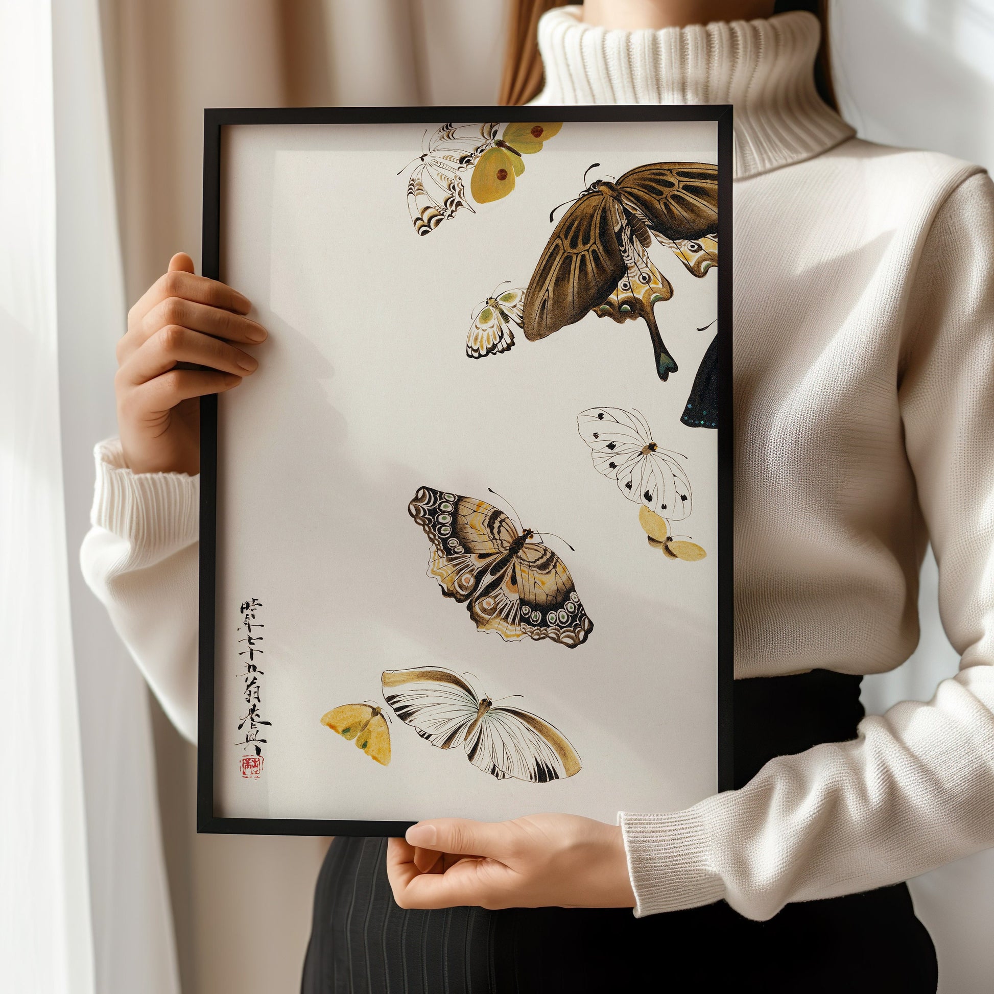 Shibata Zeshin butterfly woodblock print, framed and ready to hang, showcasing fine Japanese art in a modern setting.