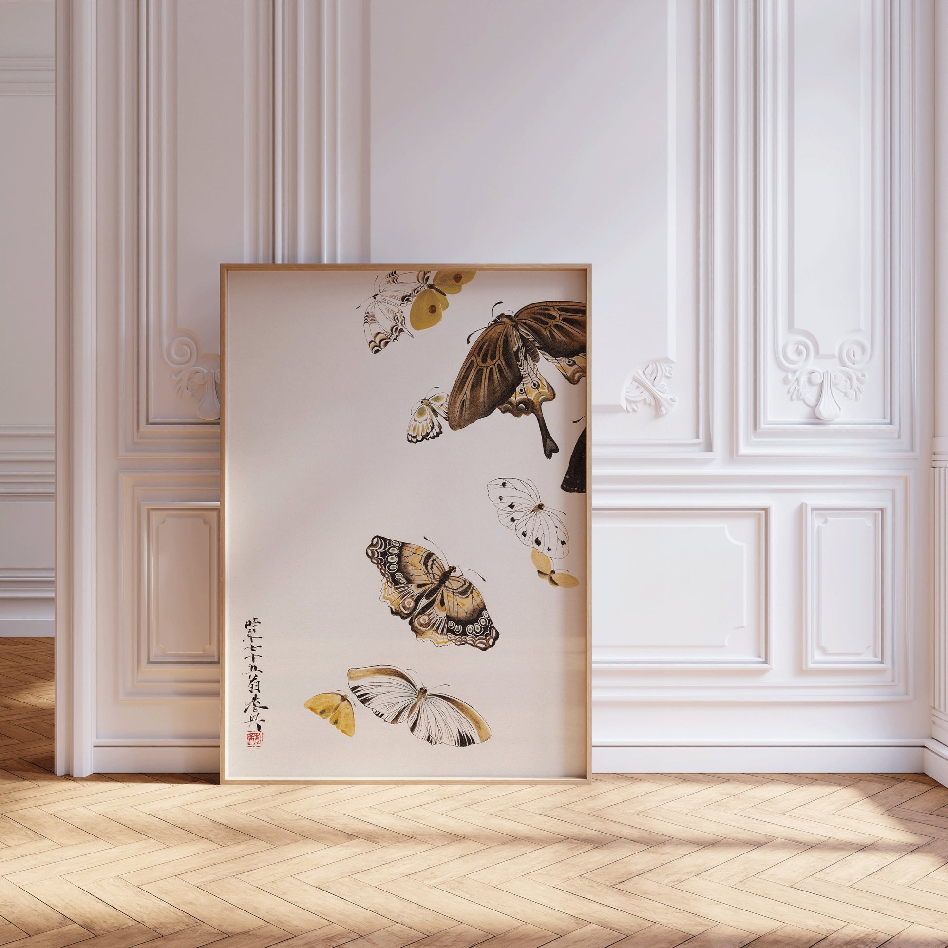 Shibata Zeshin Butterflies vintage Japanese woodblock art print in bespoke handcrafted frame displayed in an elegant room.