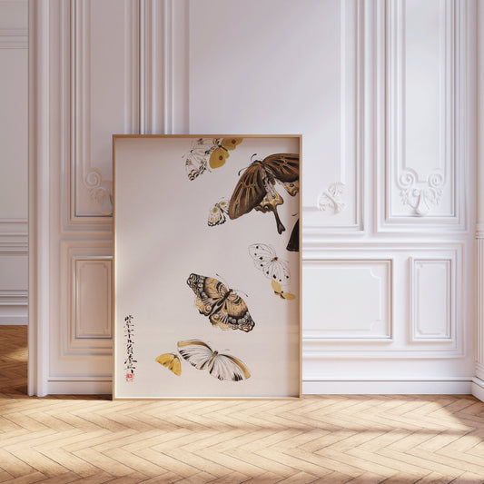 Shibata Zeshin Butterflies vintage Japanese woodblock art print in bespoke handcrafted frame displayed in an elegant room.