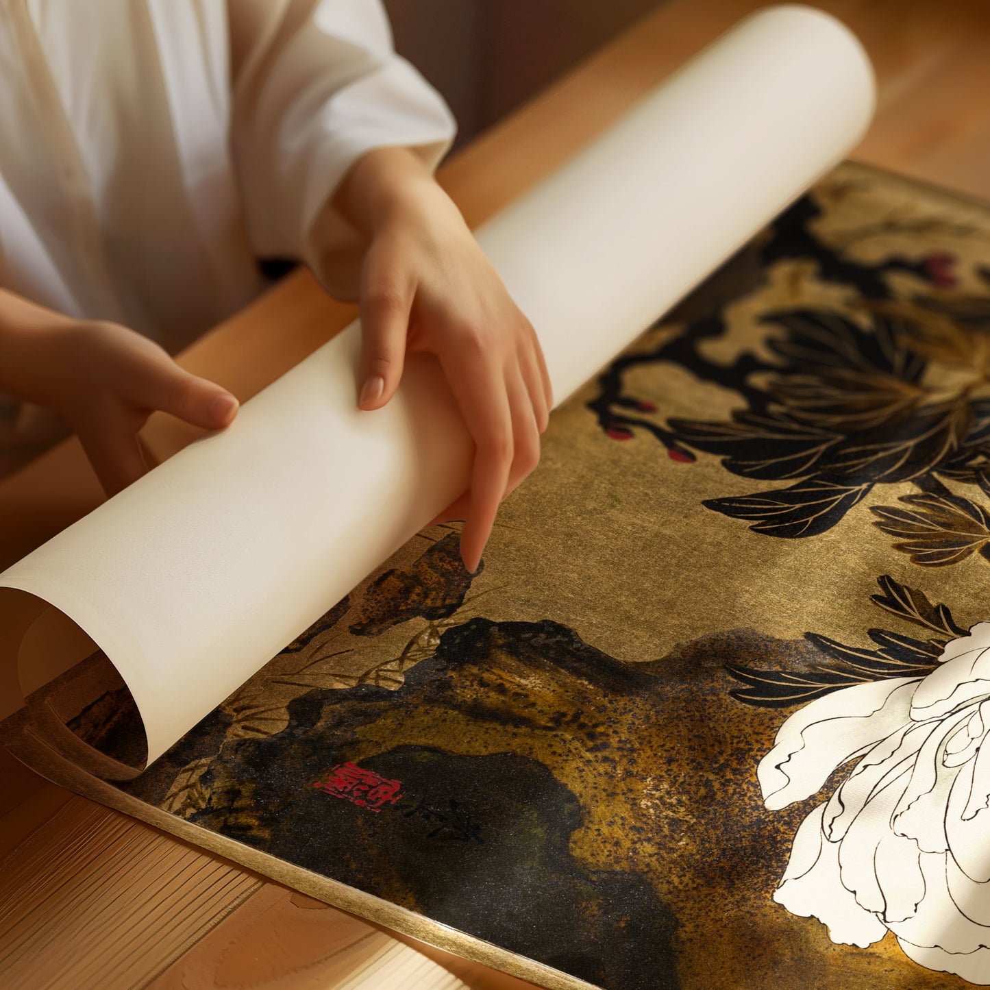 Unrolling a vintage Japanese woodblock print of peonies by Shibata Zeshin, showcasing fine art details on archival paper.