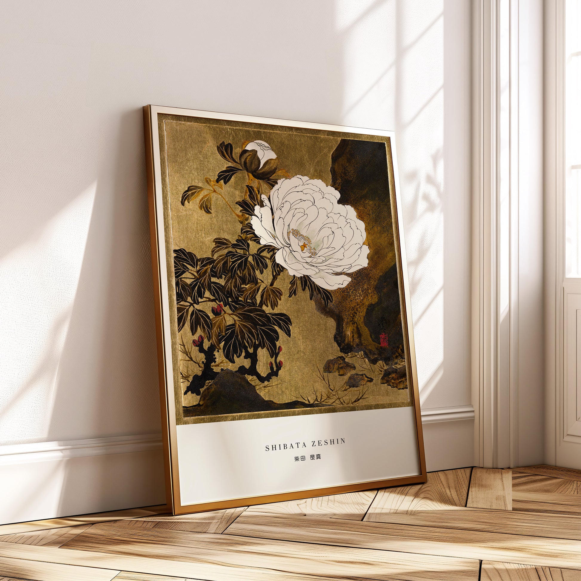 Vintage Shibata Zeshin Peonies Japanese Woodblock Art, framed in FSC-certified oak, ideal for enhancing home decor with fine art.