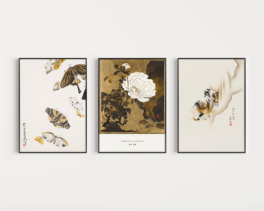 Shibata Zeshin set of 3 minimalist prints featuring butterflies, peonies, and tiger in vintage Japanese art style, framed or unframed.