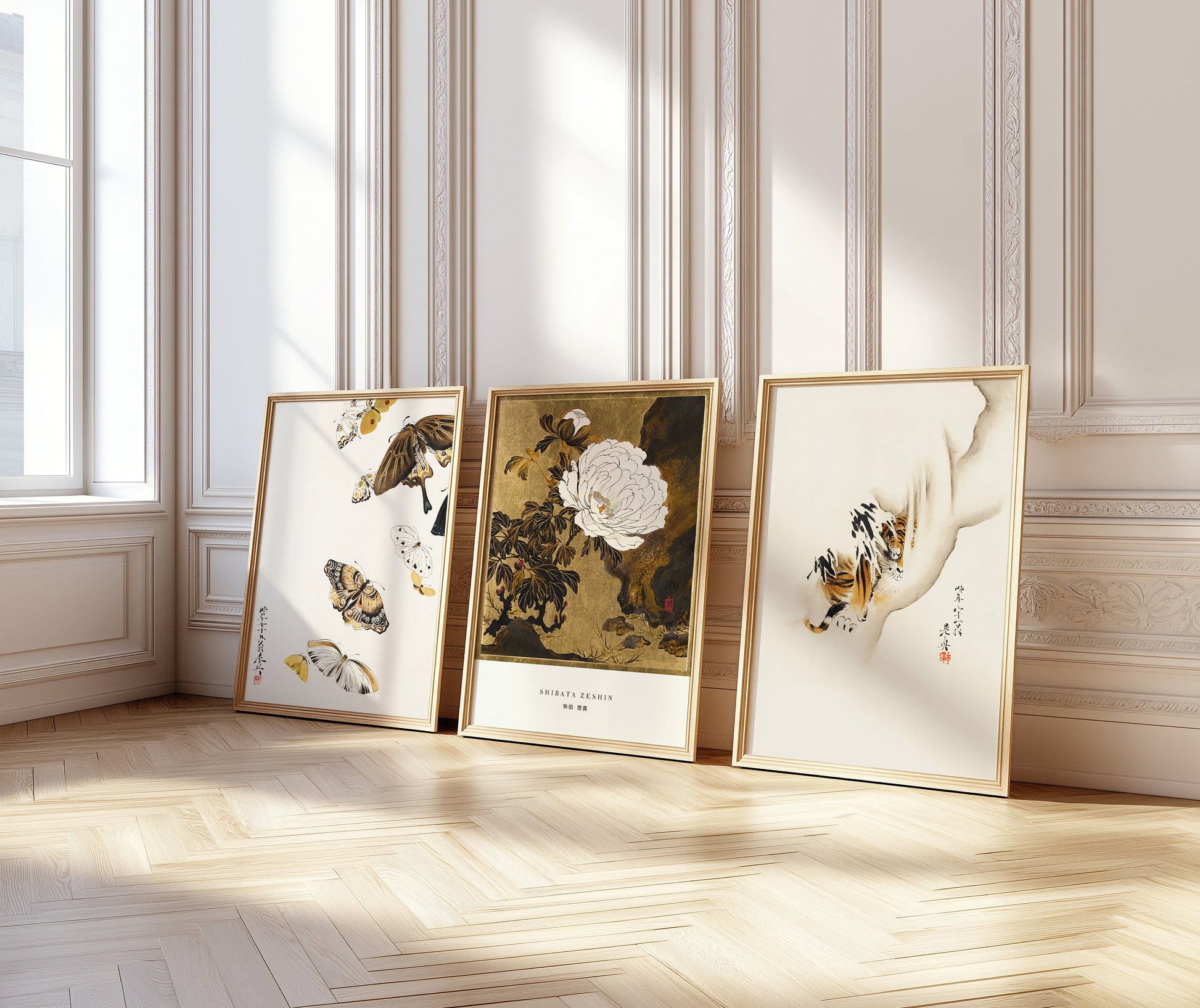 Shibata Zeshin Japanese art prints featuring butterflies, peony, and tiger displayed in a sunlit room, available framed or unframed.