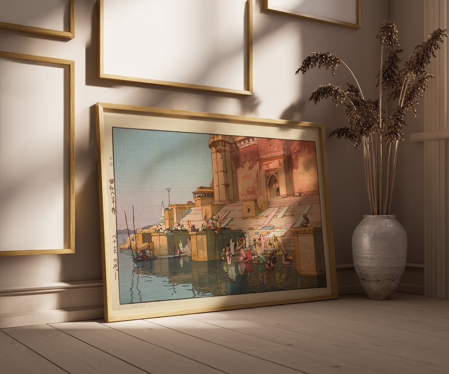 "Hiroshi Yoshida Ghat in Benares Japanese Woodblock Art in Golden Frame on Floor"