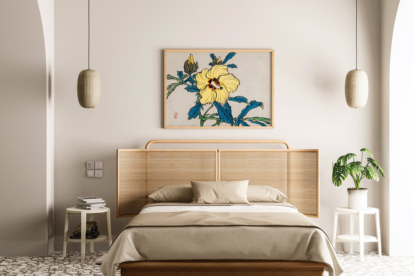 Bedroom with Kono Bairei Hibiscus Japanese Flower Wall Art Print above bed, featuring neutral decor and potted plant.