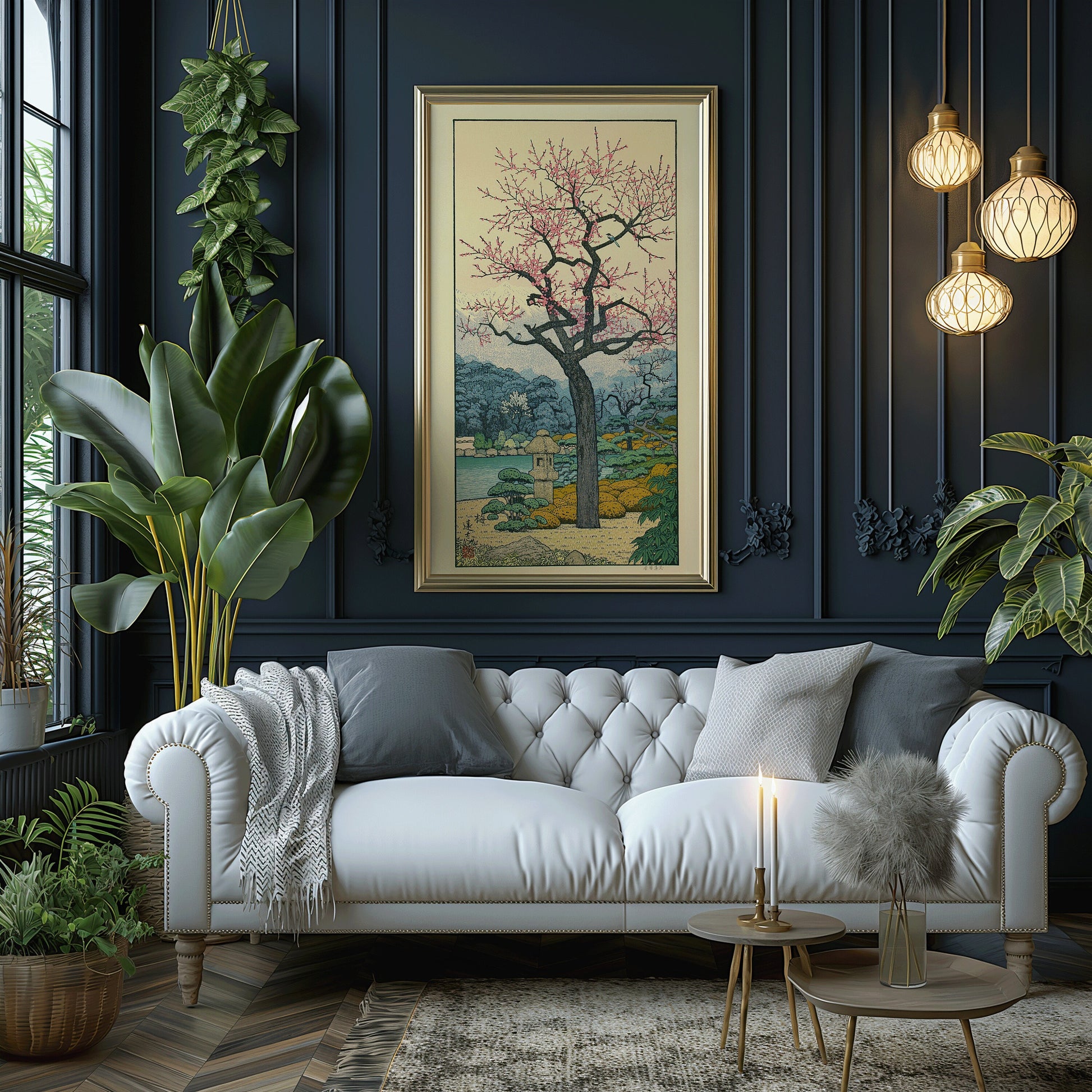 Framed Toshi Yoshida Friendly Garden print on elegant dark wall behind white sofa, surrounded by lush indoor plants and modern decor.