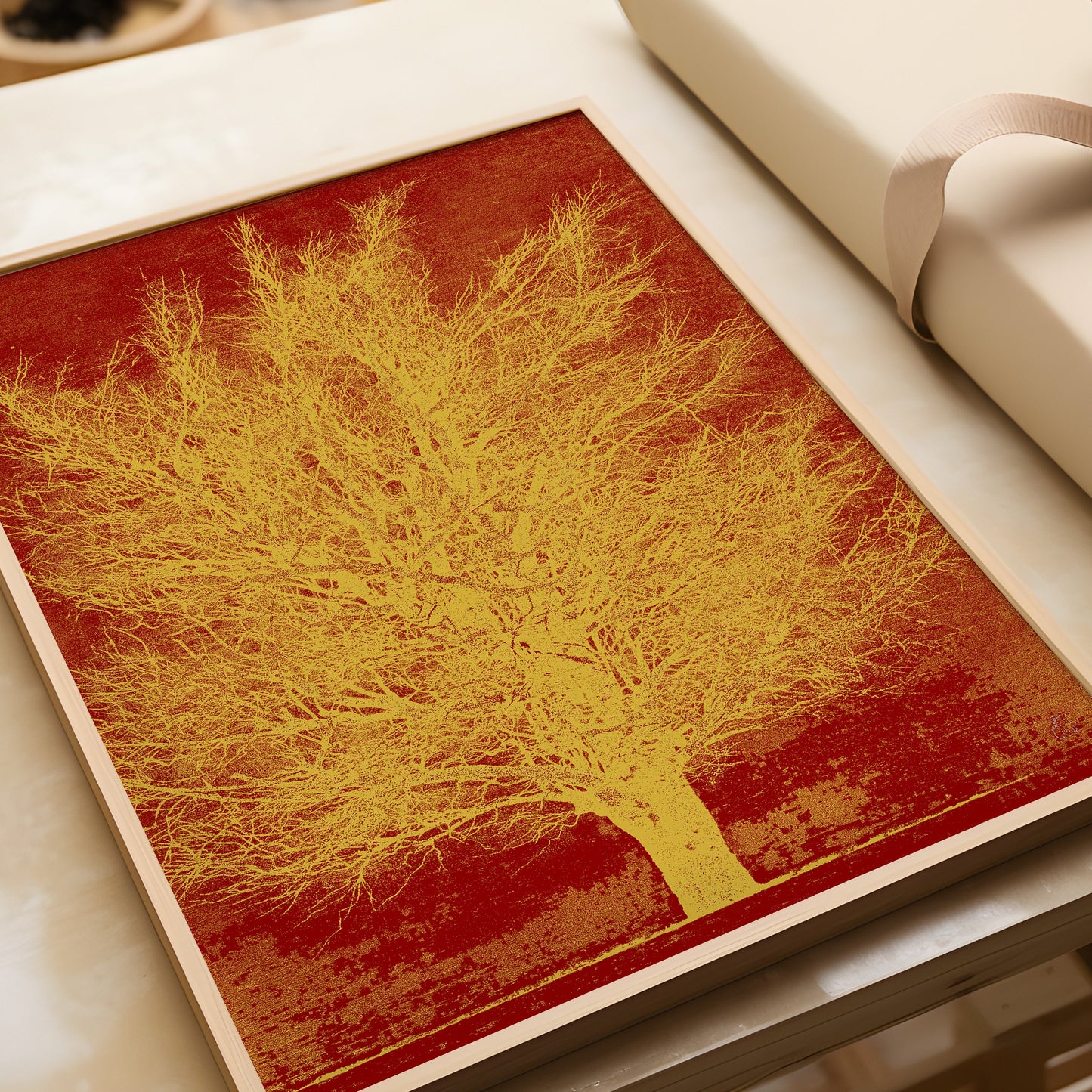 Gold Tree woodblock print by Joichi Hoshi, framed art on table; vintage Japanese style, available framed or unframed.