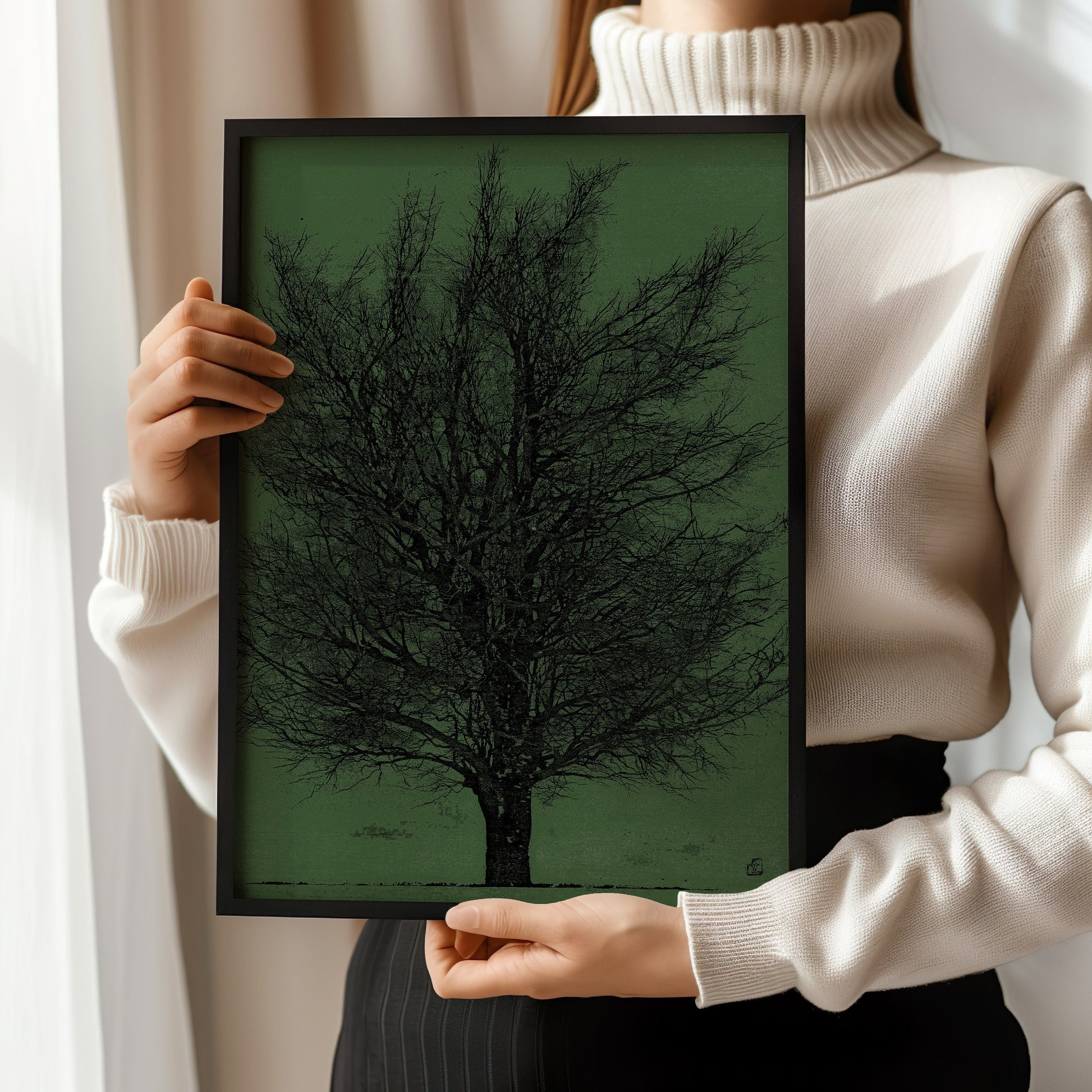 Person holding framed Joichi Hoshi black and green tree woodblock print, vintage Japanese art, available in various frames.