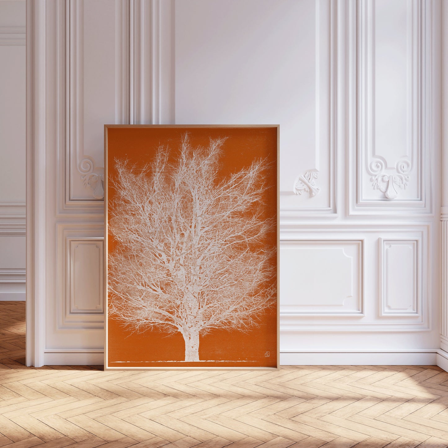 Joichi Hoshi Orange and White Tree Remix framed print in elegant room, Japanese woodblock art, vintage style, museum-quality fine art.