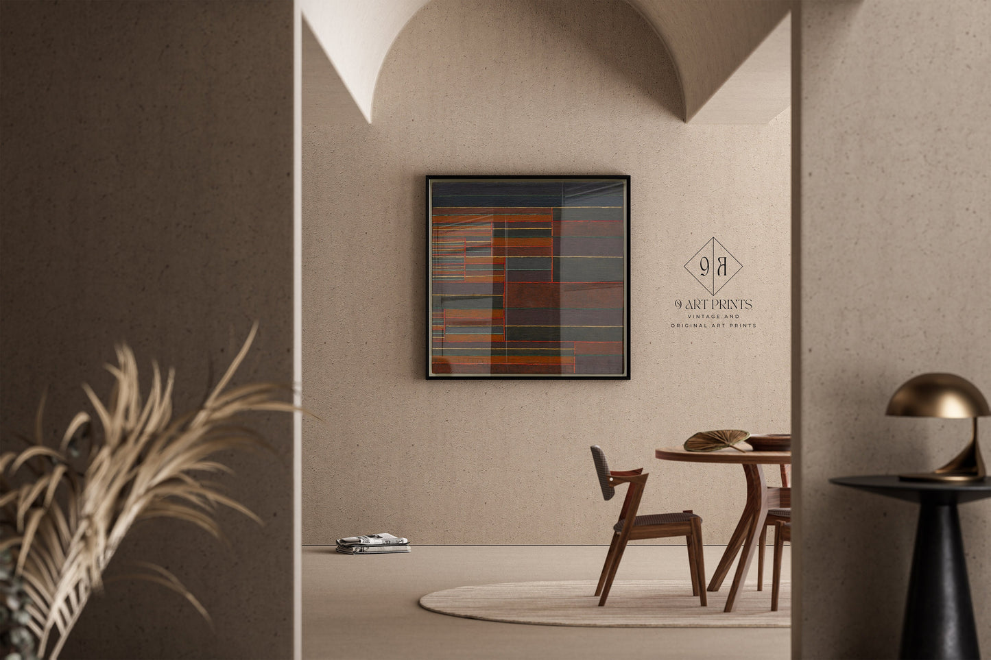 Mid-century modern dining room with Paul Klee abstract art print on wall, highlighting vintage aesthetic and bespoke framed option.