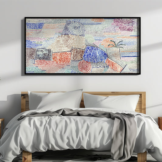 Modern abstract art print "Light Over Former Times" by Paul Klee in a black frame above a stylish bed in a contemporary bedroom.