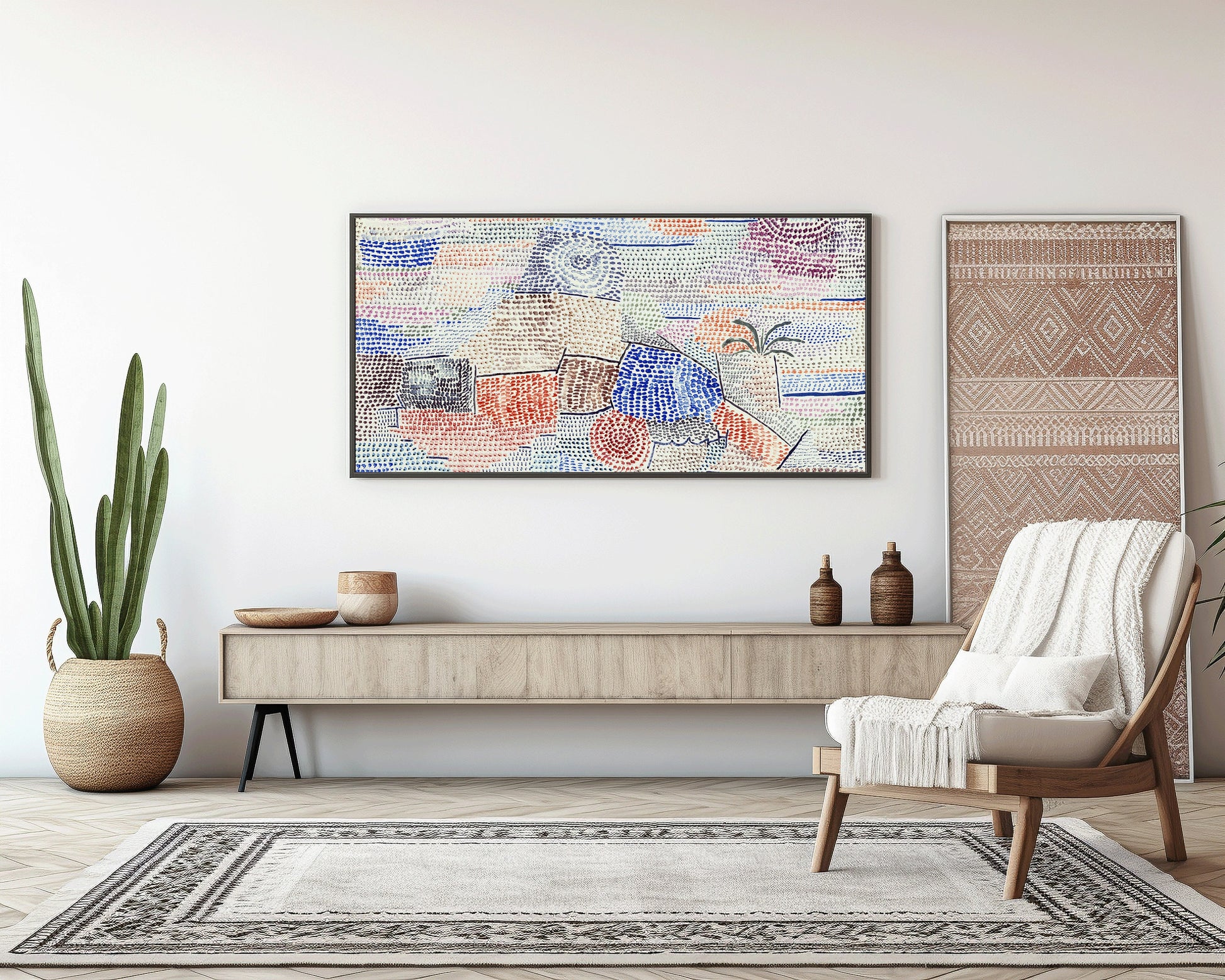 Modern living room with Paul Klee's "Light Over Former Times" abstract art, framed on wall above minimalist furniture and decor.