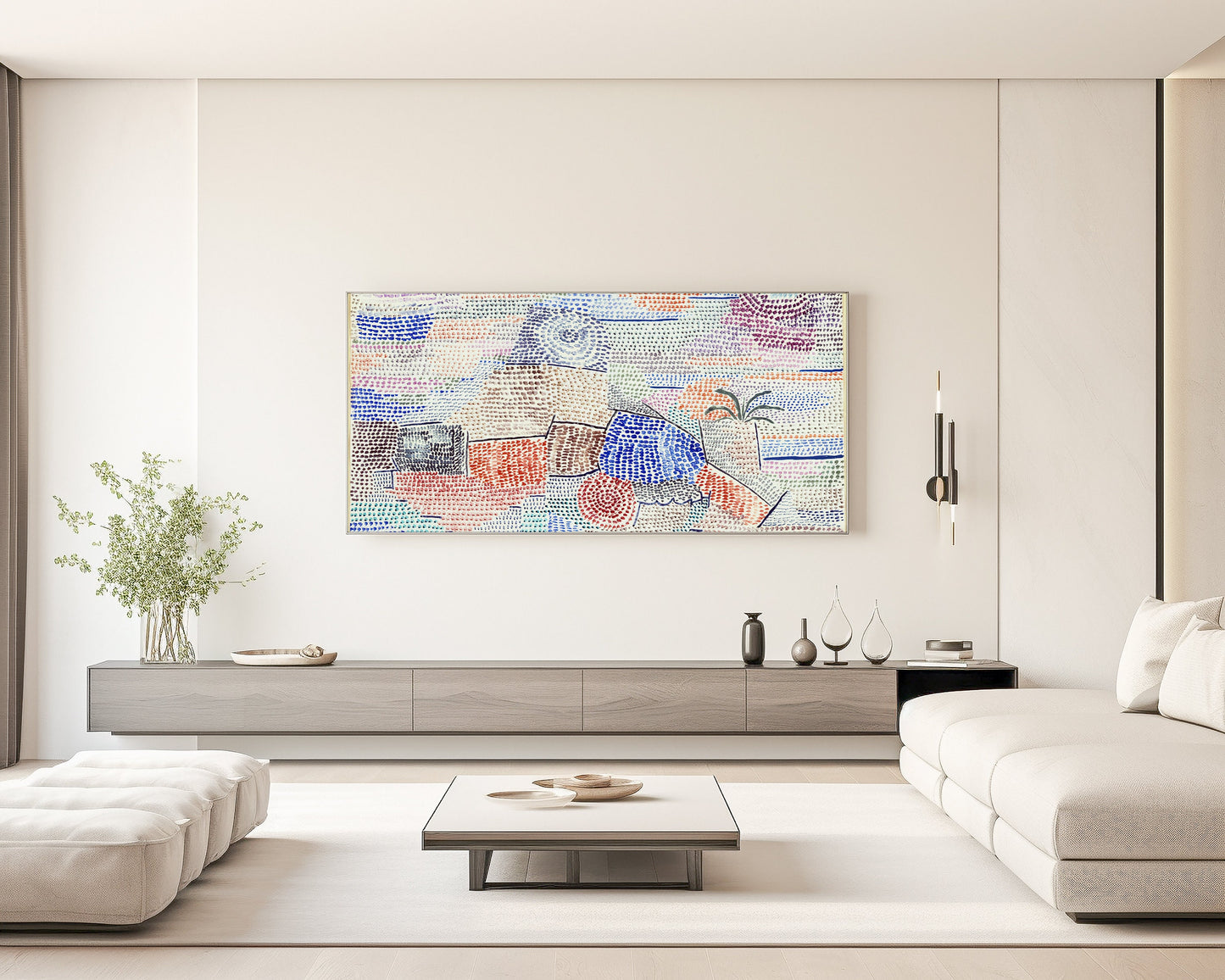 Modern living room featuring Paul Klee's wide panoramic art "Light Over Former Times" framed in bespoke oak, enhancing the serene decor.