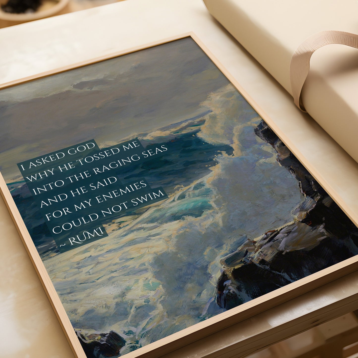 Inspirational Rumi poetry poster titled "Raging Seas" with ocean imagery, available framed or unframed, on fine art paper.