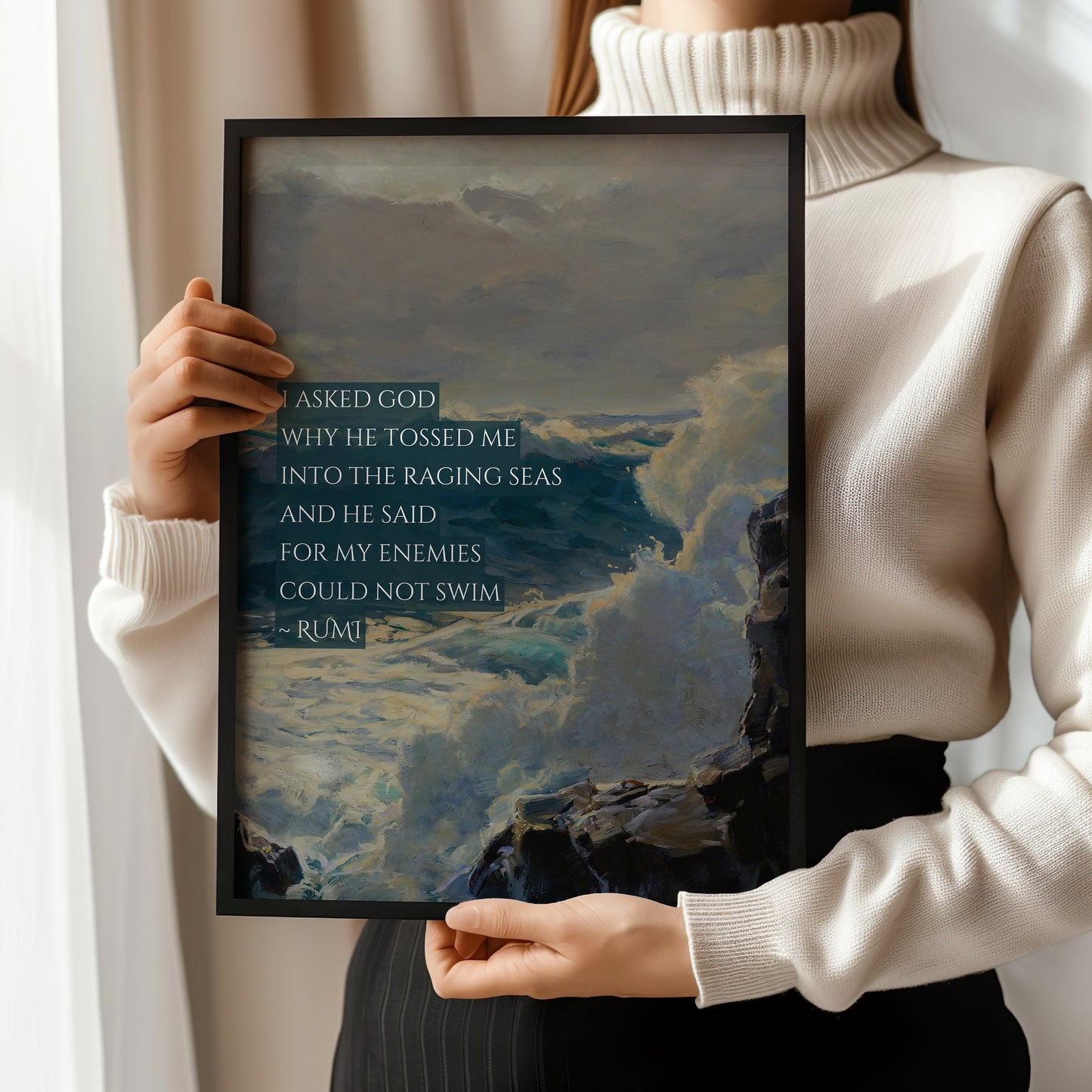 Inspirational Rumi quote poetry poster in blue, featuring museum-quality fine art print, available framed or unframed.