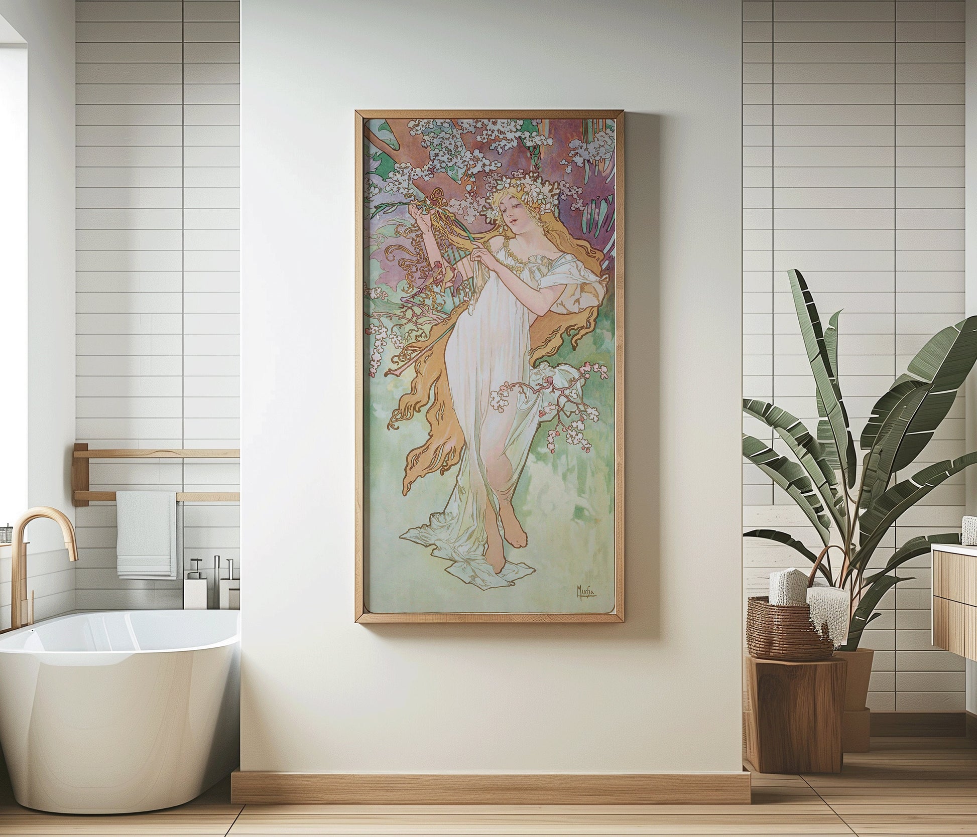 "Alphonse Mucha Les Saisons Spring Print in Modern Bathroom Setting"