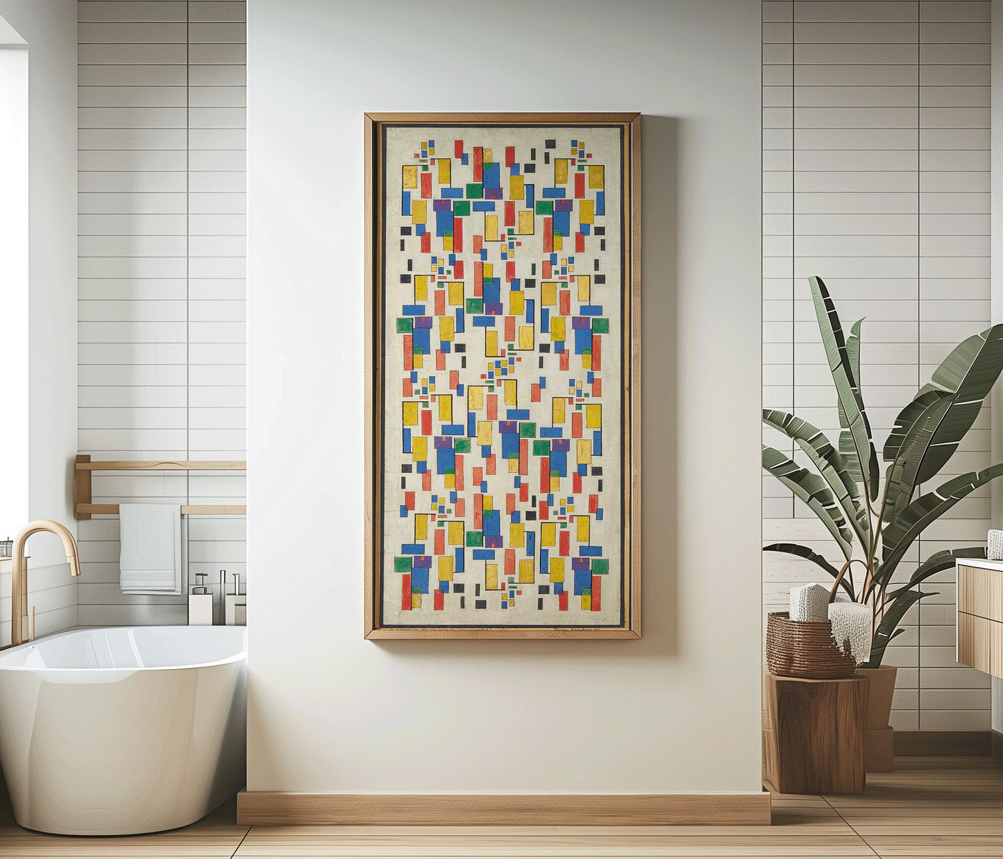 Mid-century modern abstract art in bespoke frame, vibrant geometric pattern, enhancing a contemporary bathroom with museum-quality decor.