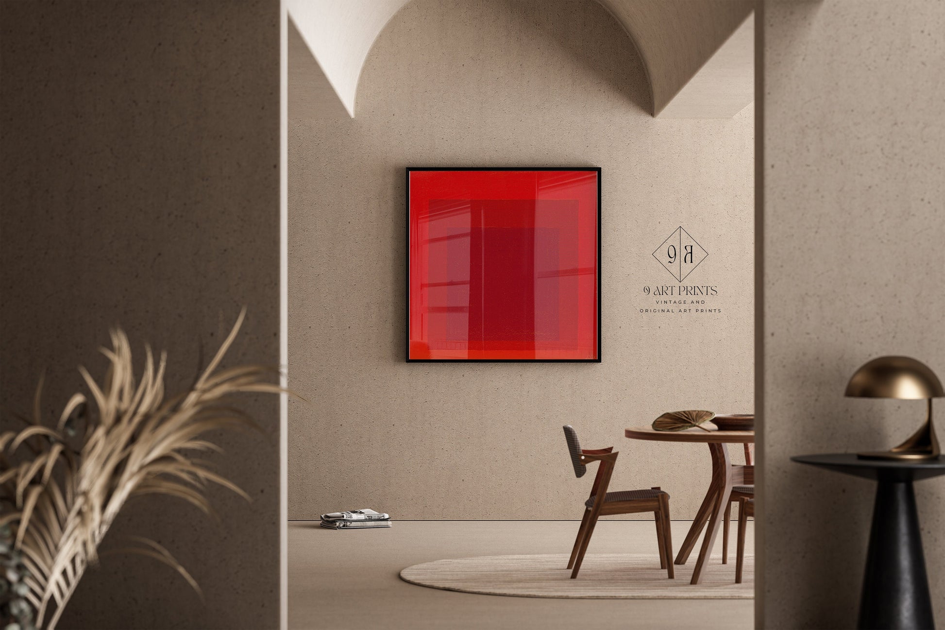 Mid-century modern red art print on wall, elegant dining room, framed or unframed, featuring bespoke and classic frame options.