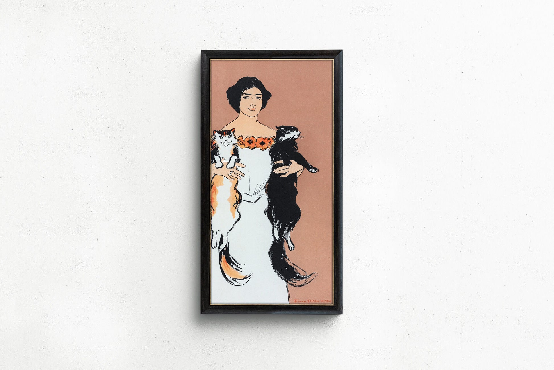 Vintage art print of a woman holding two cats in a narrow vertical frame, available in bespoke or classic museum-quality options.