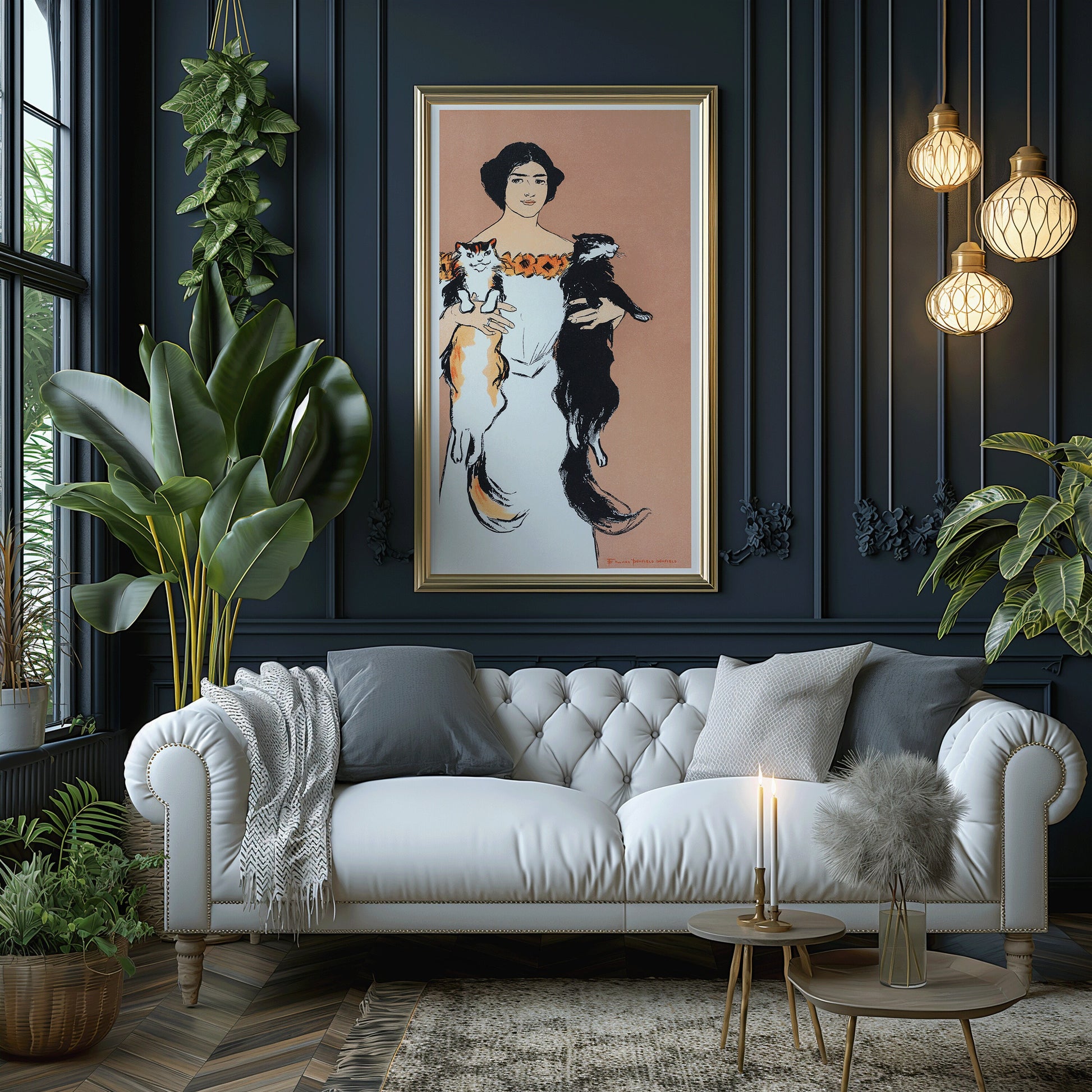 Vintage art of a woman holding cats in a stylish room with a framed Edward Penfield print, elegant decor, and lush plants.