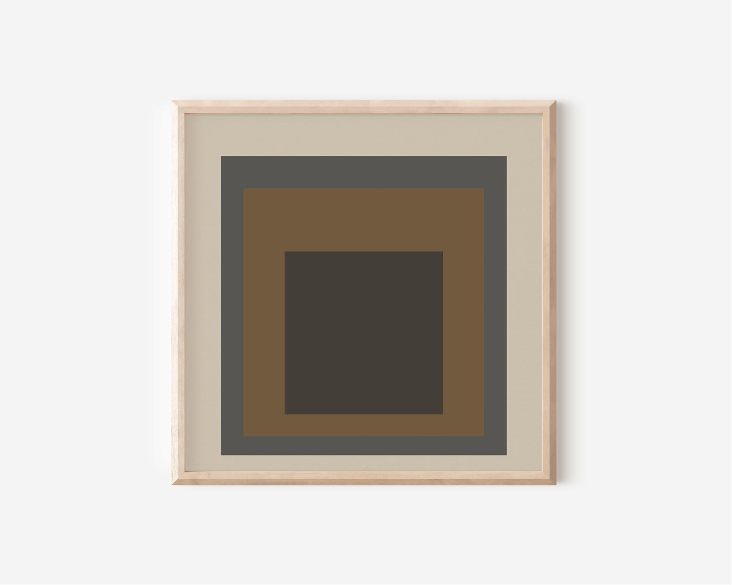 Beige, black, and brown mid-century modern art print in a handcrafted oak frame, inspired by Josef Albers' Homage to the Square.