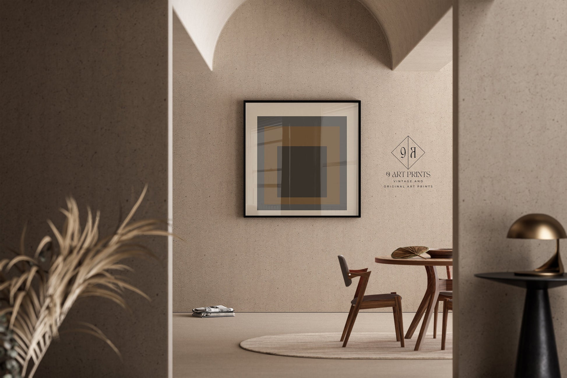 Mid-century modern art print, Beige Black and Brown (Homage to the Square), framed on wall in stylish, minimalist dining space.