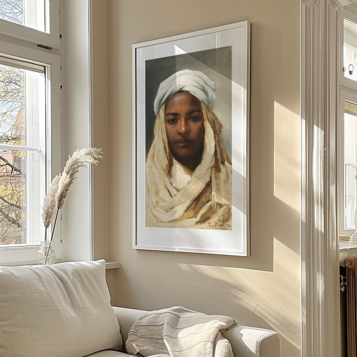 "Franz Xaver Kosler's Young Bedouin Woman artwork in a living room setting with elegant decor, available framed or unframed."