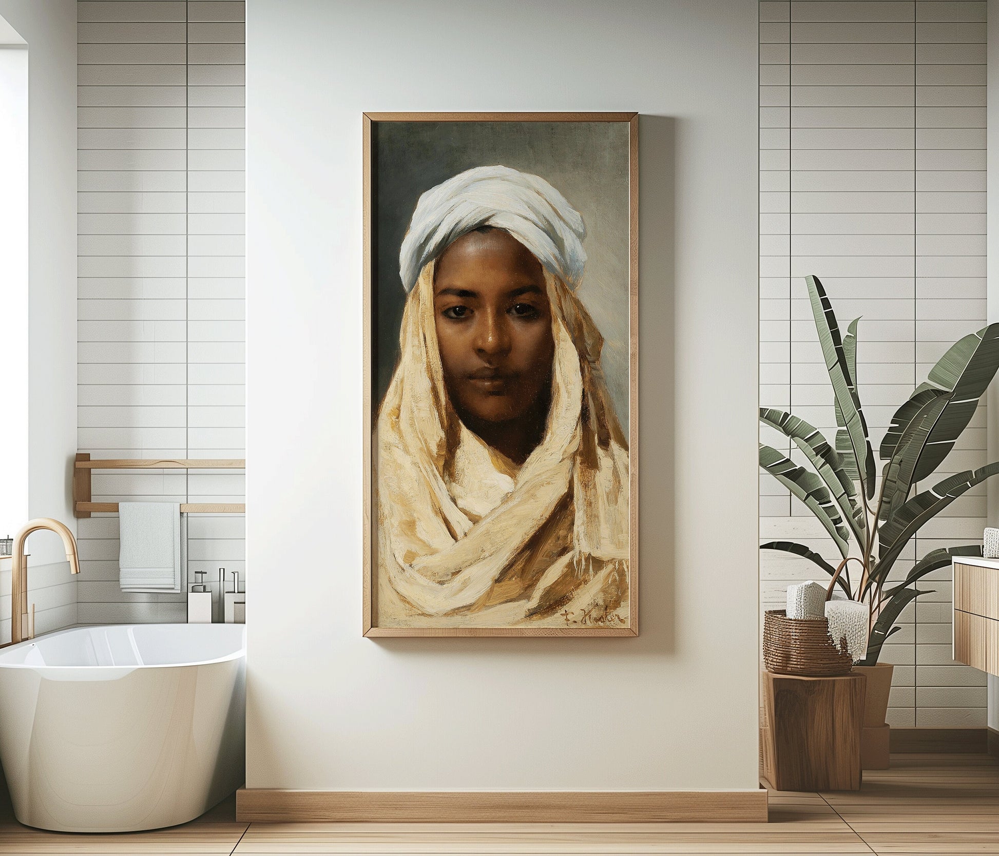 Tall panoramic art print of a young Bedouin woman by Franz Xaver Kosler displayed in a modern bathroom setting, available framed or unframed.