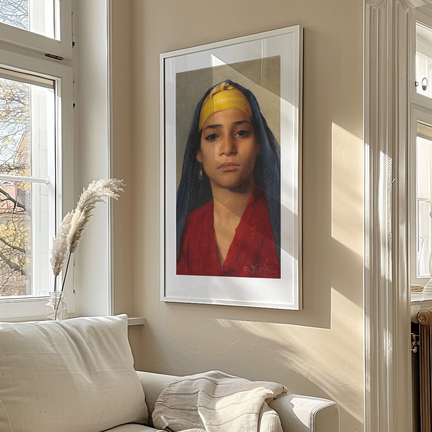 Franz Xaver Kosler's Young Egyptian Woman artwork, framed, displayed in a stylish living room setting.