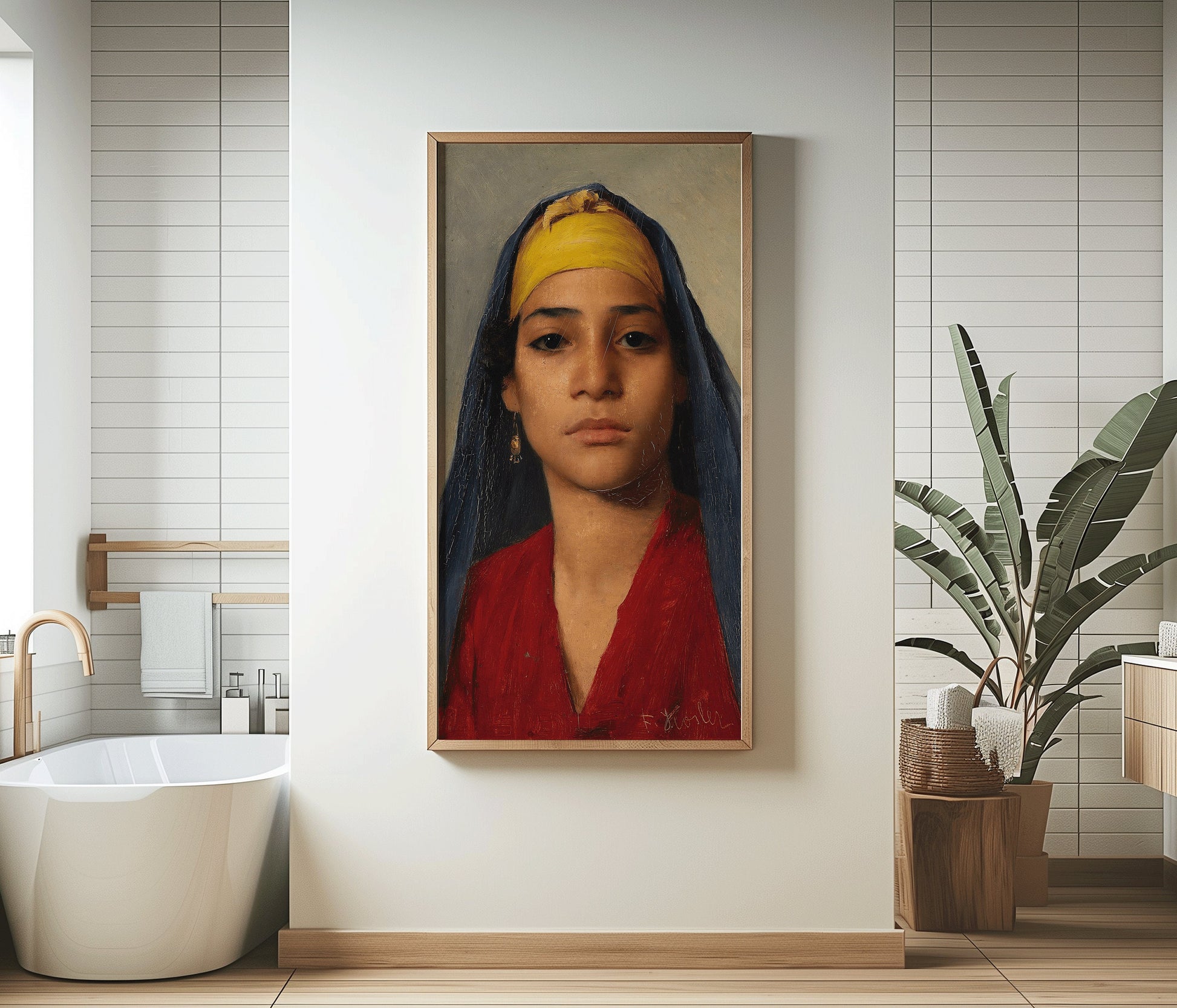 "Franz Xaver Kosler - Young Egyptian Woman artwork displayed in a bathroom, highlighting elegant vintage Orientalist tall panoramic art."