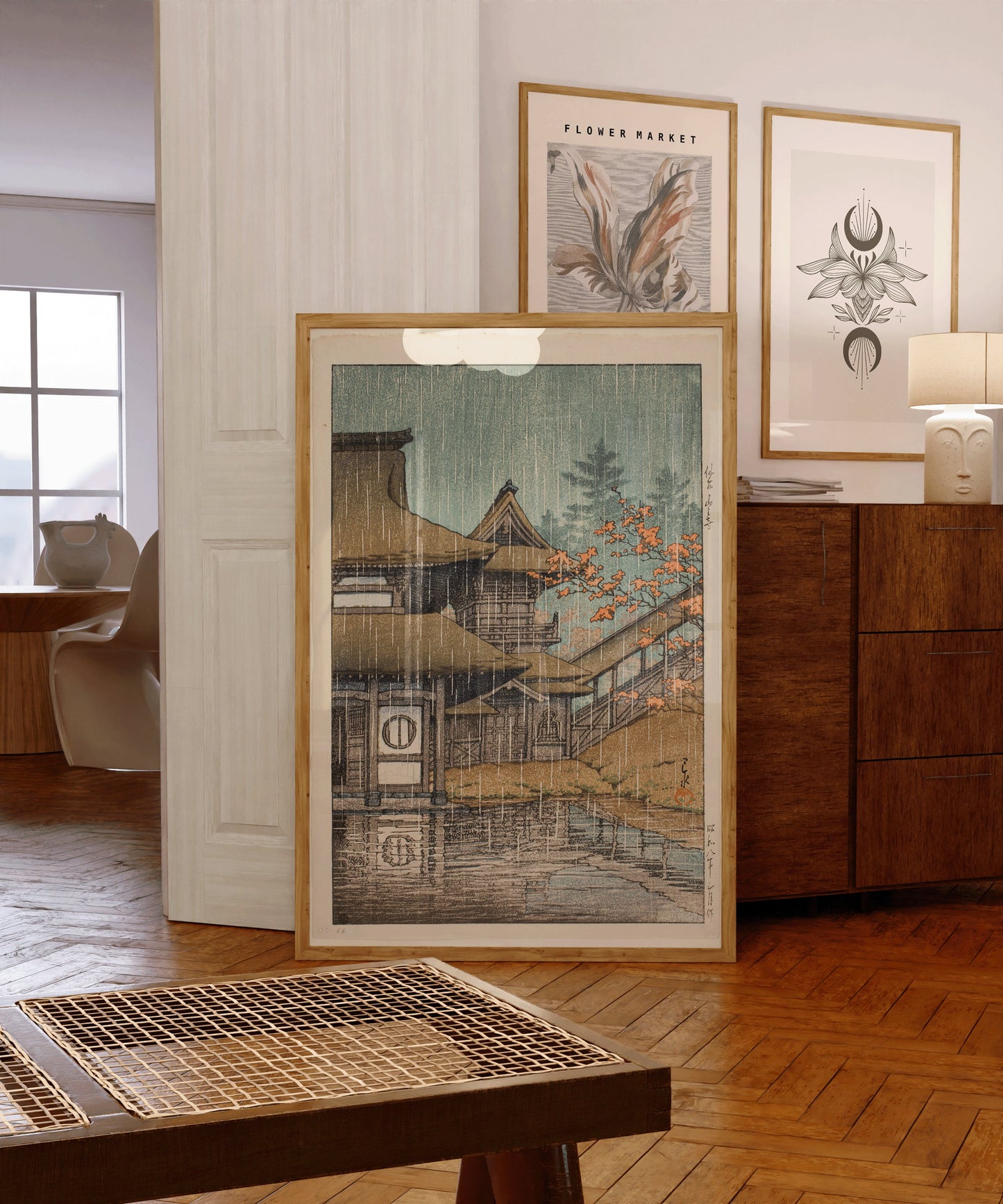 Framed Kawase Hasui Mountain Temple at Senzai woodblock art in modern living room setting.