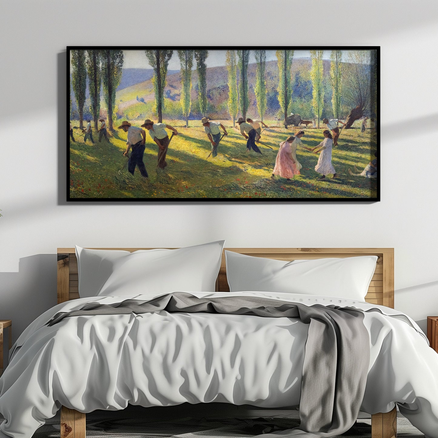 Vintage impressionist art by Henri Martin, "Mowers or Summer," framed above a modern bed, enhancing bedroom decor.