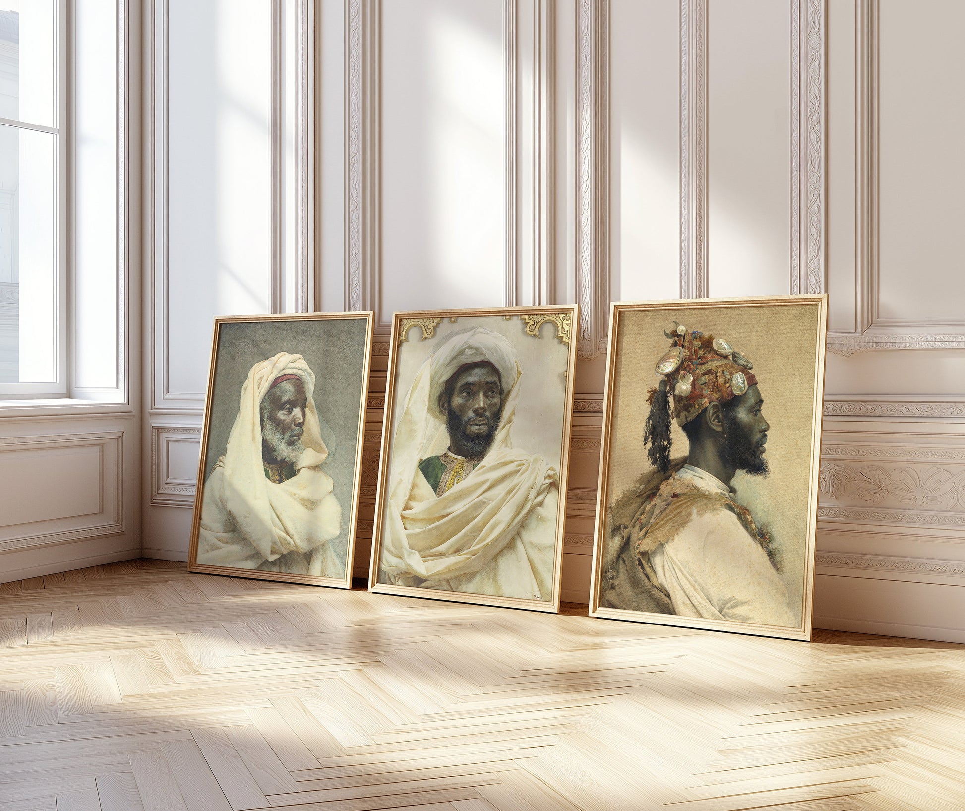 Set of 3 Moorish Men Portraits by Josep Tapiró i Baró, framed vintage Orientalist art in bright room.