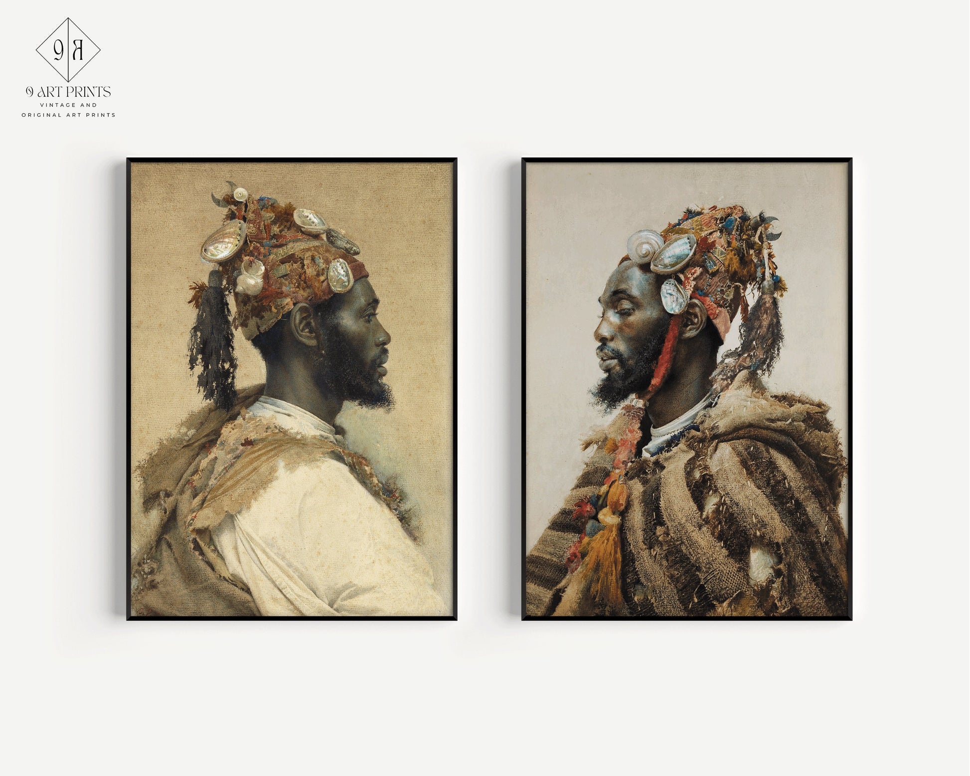 Set of two Orientalist art prints by Josep Tapiró i Baró, featuring intricately detailed portraits, available framed or unframed.