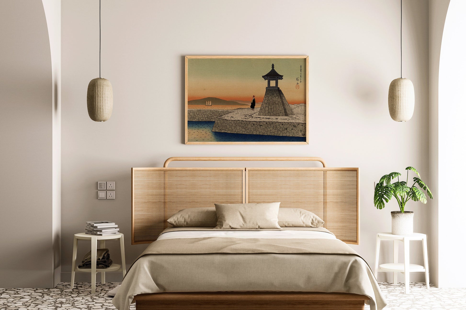 Elegant bedroom with framed vintage Japanese woodblock art "Sunrise at Akashi" by Ito Shinsui, enhancing the serene decor.