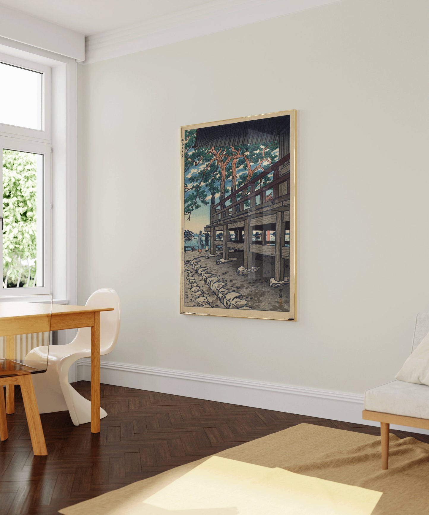 "Shiro Kasamatsu Godaido Pagoda print in nude oak frame in modern living room setting"