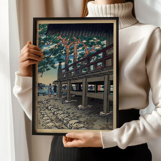 "Shiro Kasamatsu Godaido Pagoda Shin-Hanga Art Print Held by Woman, Available Framed or Unframed"