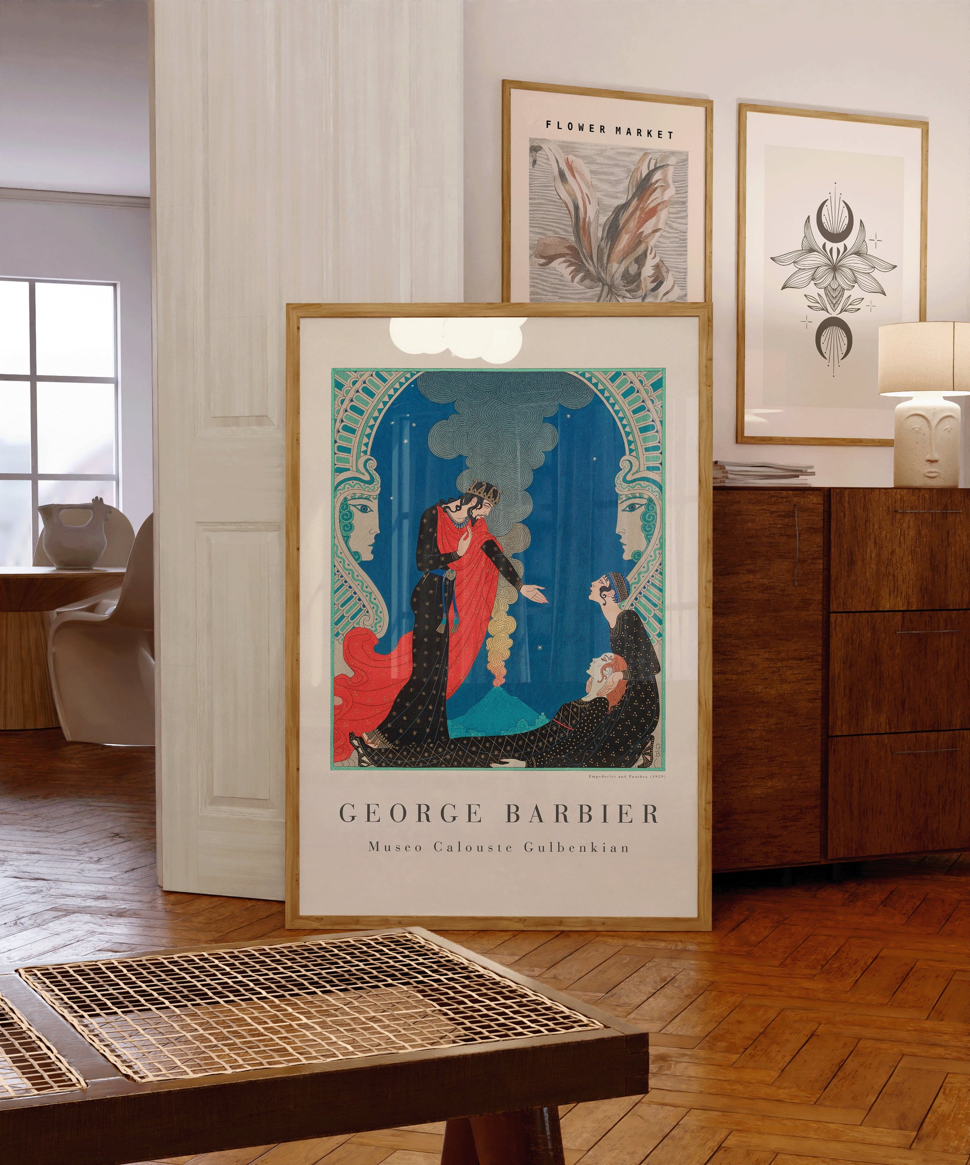 "George Barbier Emodecles and Pantea vintage Art Deco print in a stylish room setting, available framed or unframed."