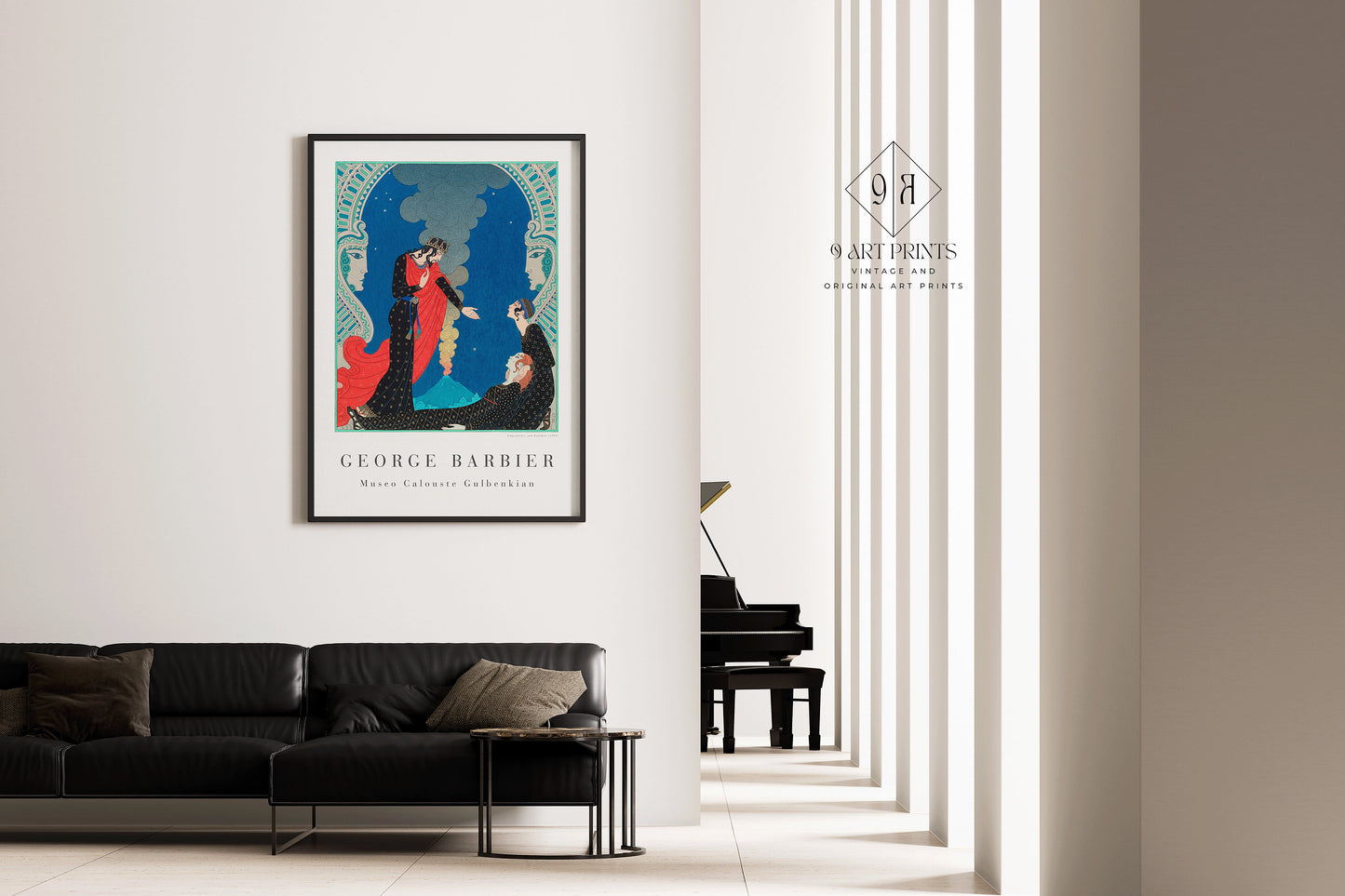 Elegant living room with a framed George Barbier Art Deco print on the wall, showcasing museum-quality vintage art decor.