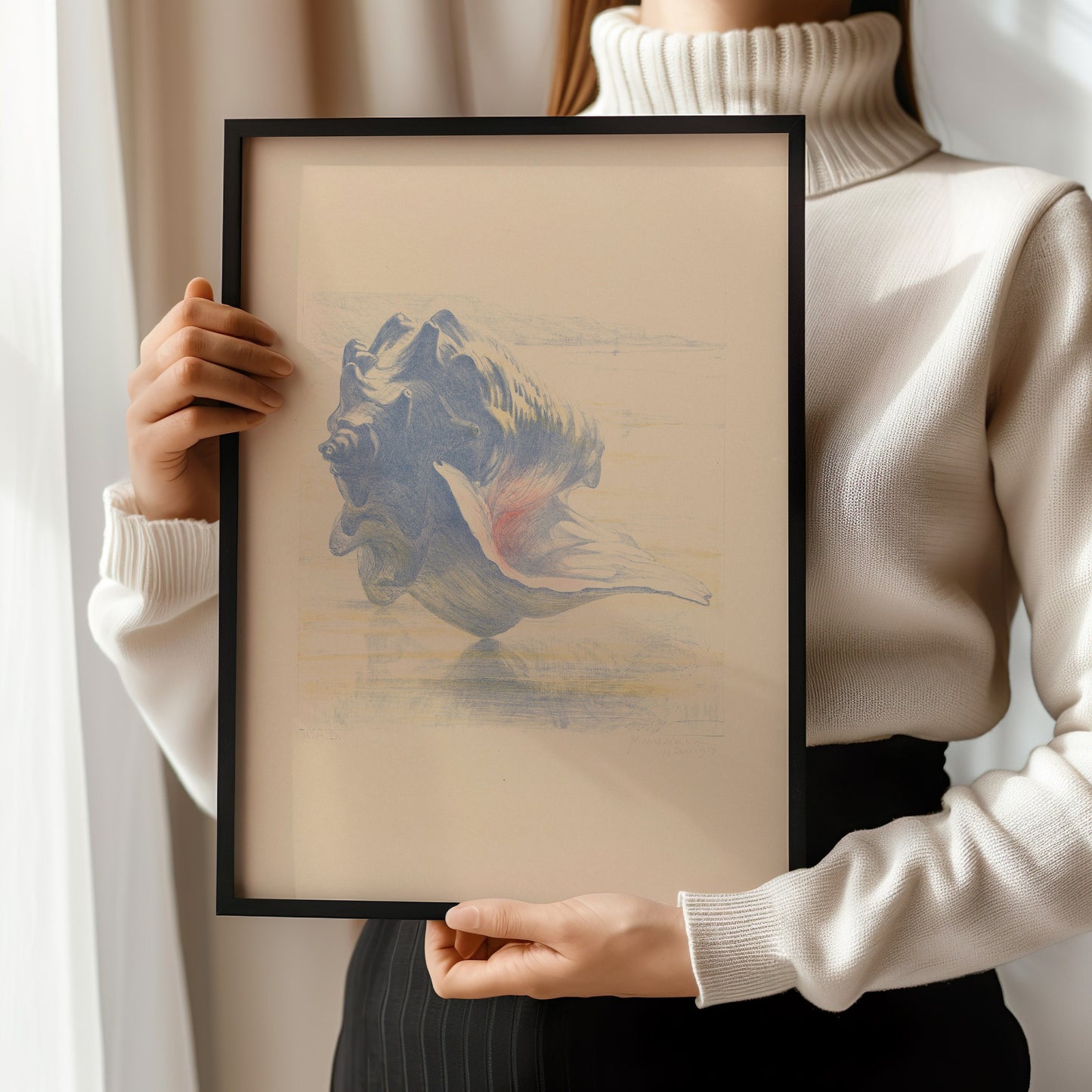 Person holding Maurits van der Valk's beige and blue seashell sketch, available framed or unframed, in a gallery setting.