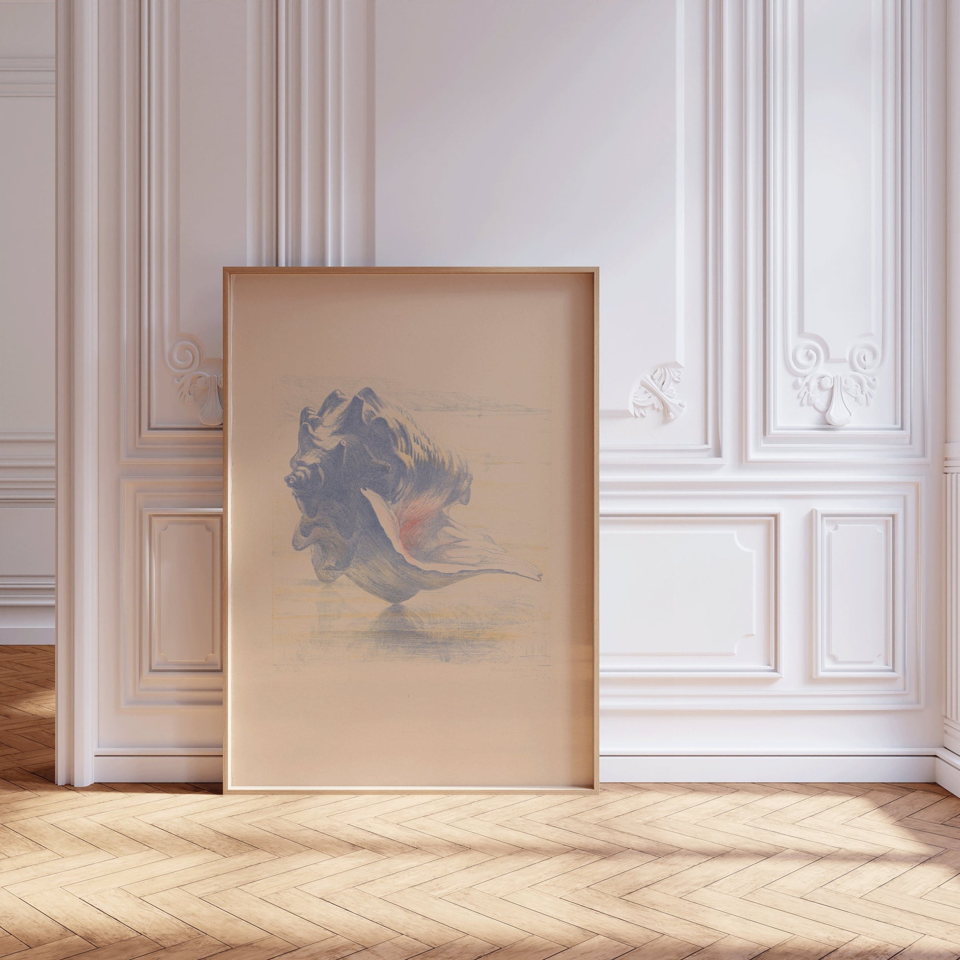 Beige and blue seashell art print framed, resting in elegant white room with wooden floor. Perfect for home decor and art lovers.