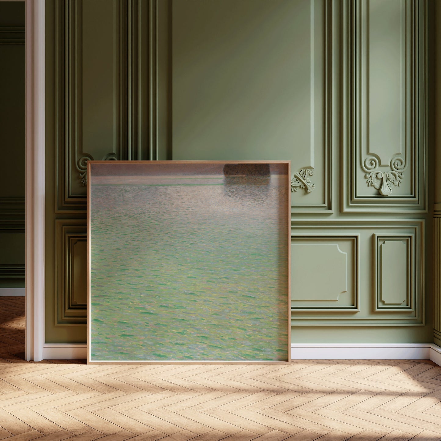 Gustav Klimt's Island in the Attersee vintage painting with green tones, framed and displayed against ornate green wall panels.