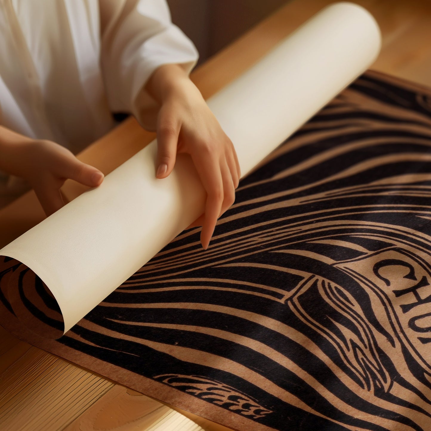 Unrolling elegant vintage brown book cover art poster on a wooden table.