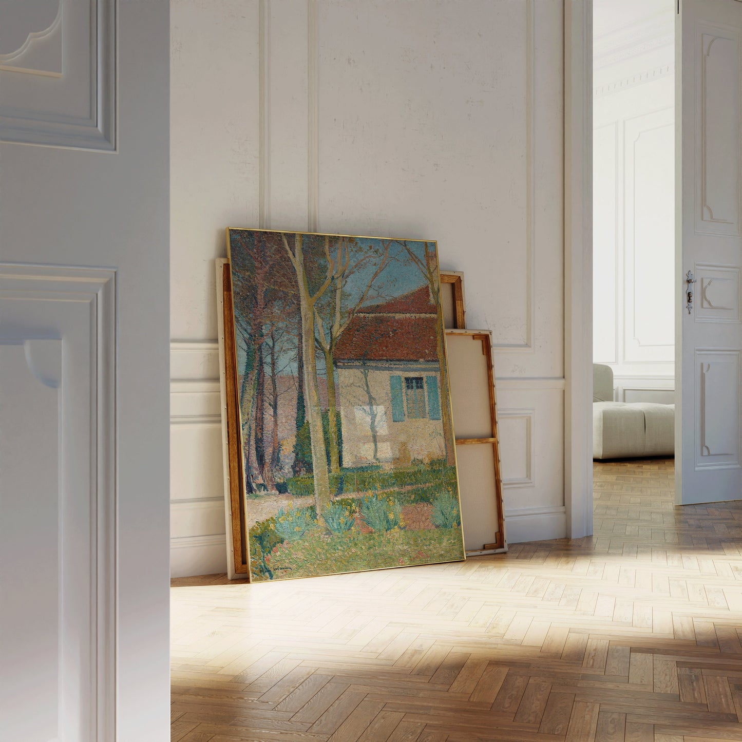 "Henri Martin's Corner of a House vintage impressionist art panel in elegant room with parquet flooring"