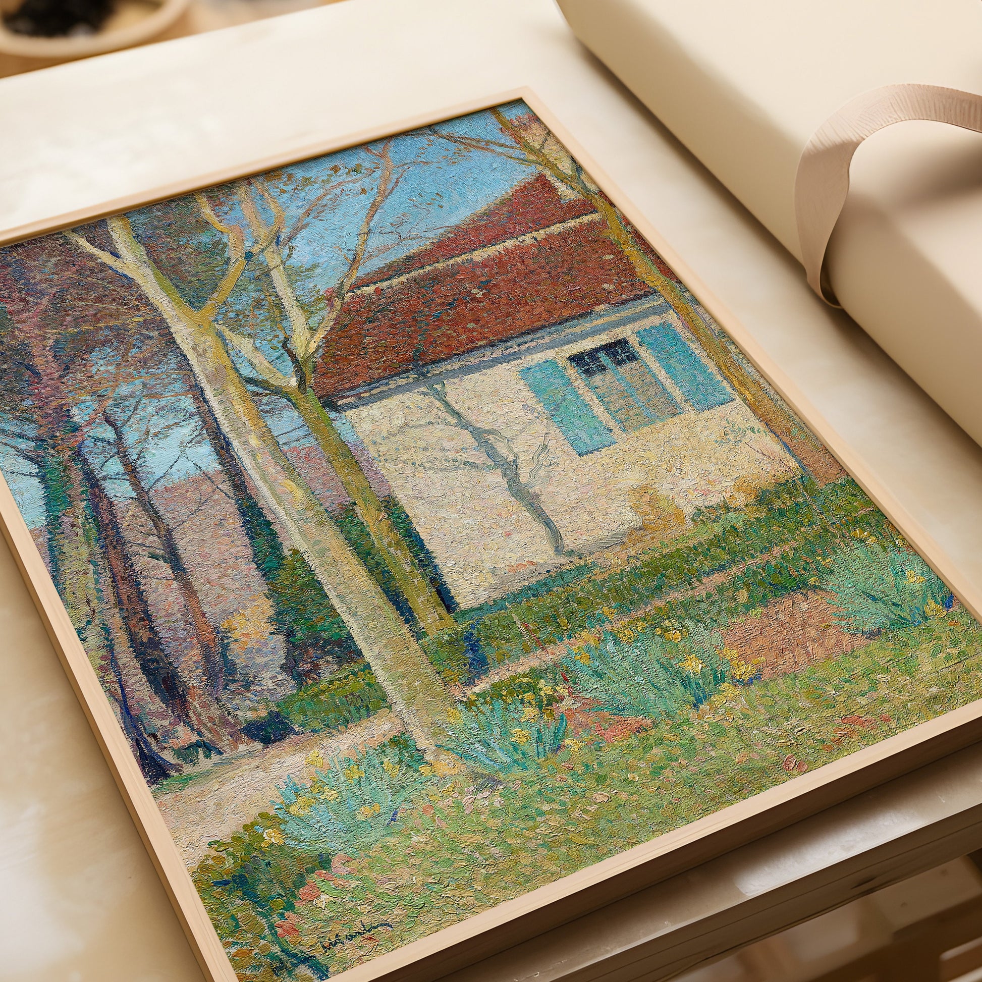 "Henri Martin Corner of a House framed vintage impression still life art on table, ready for display with nude oak bespoke frame"