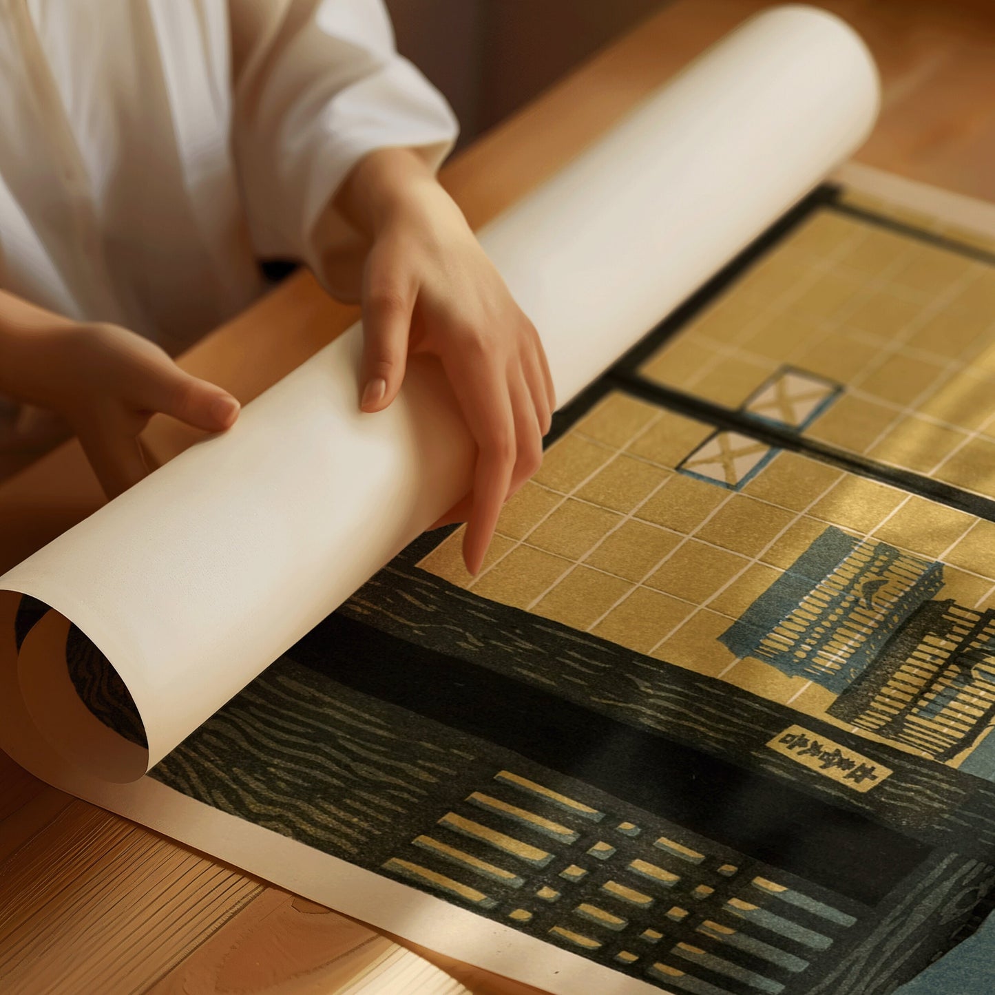 Hand rolling Shiro Kasamatsu's "First Day of Spring" vintage Japanese woodblock art print in yellow on a wooden table.