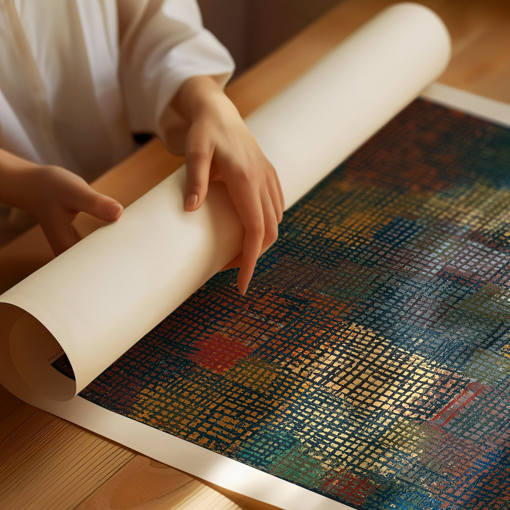 Person unrolling modern abstract art print by Paul Klee with vibrant colors, ready for framing options in bespoke FSC-certified wood.