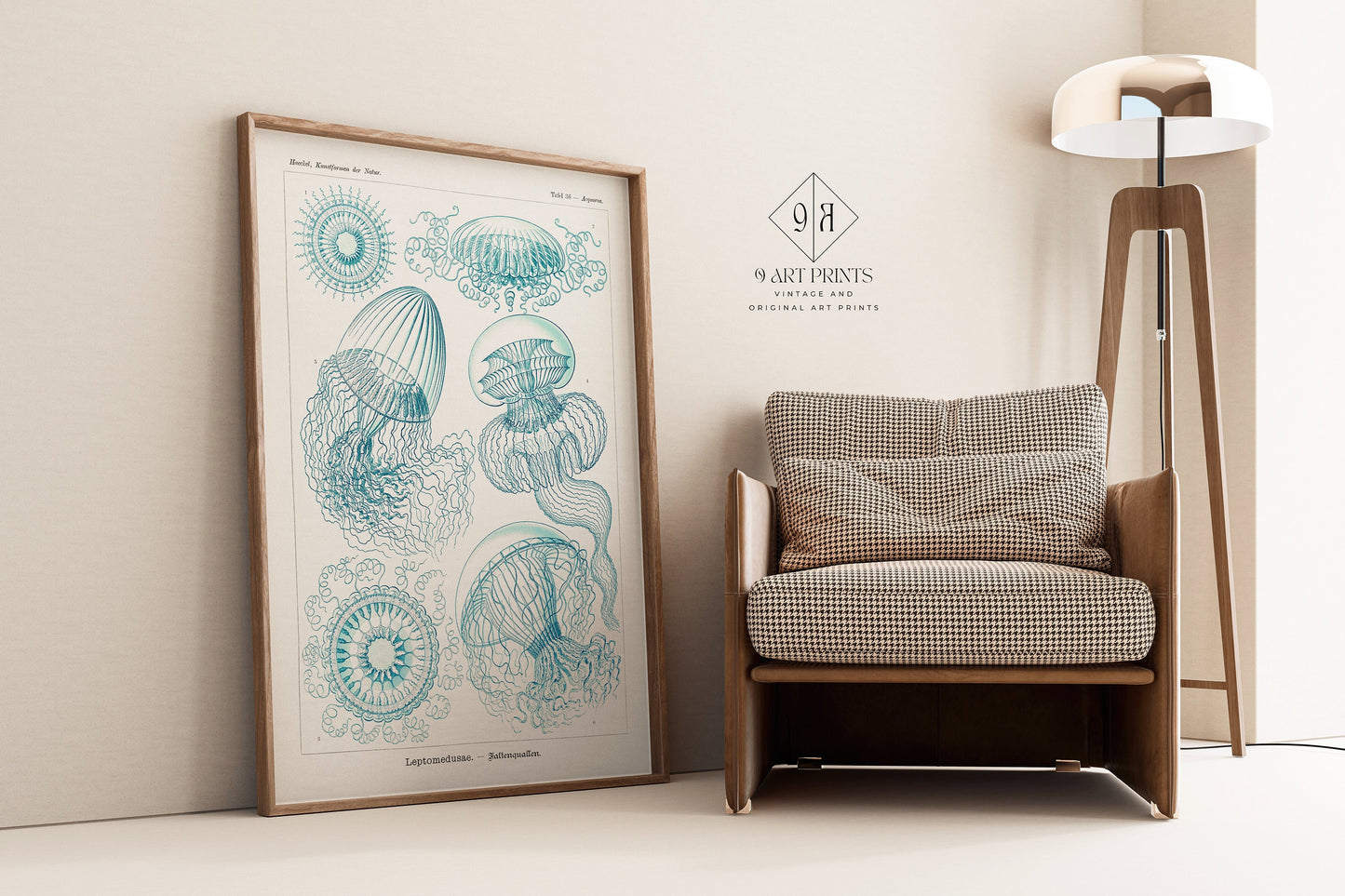 Ernst Haeckl jellyfish sketch in beige and blue, framed fine art print, displayed in a modern living space with a chair and lamp.