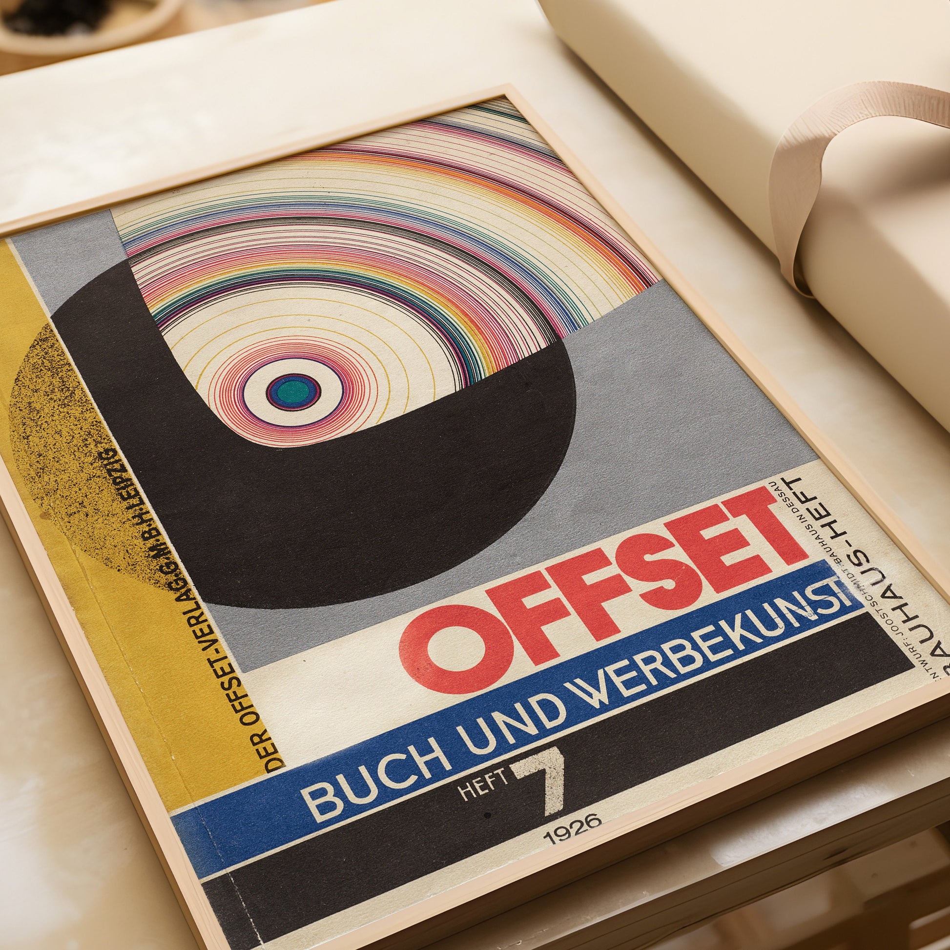 Bauhaus Joost Schmidt Offset magazine cover, mid-century modern art print in oak frame, museum-quality fine art decor.